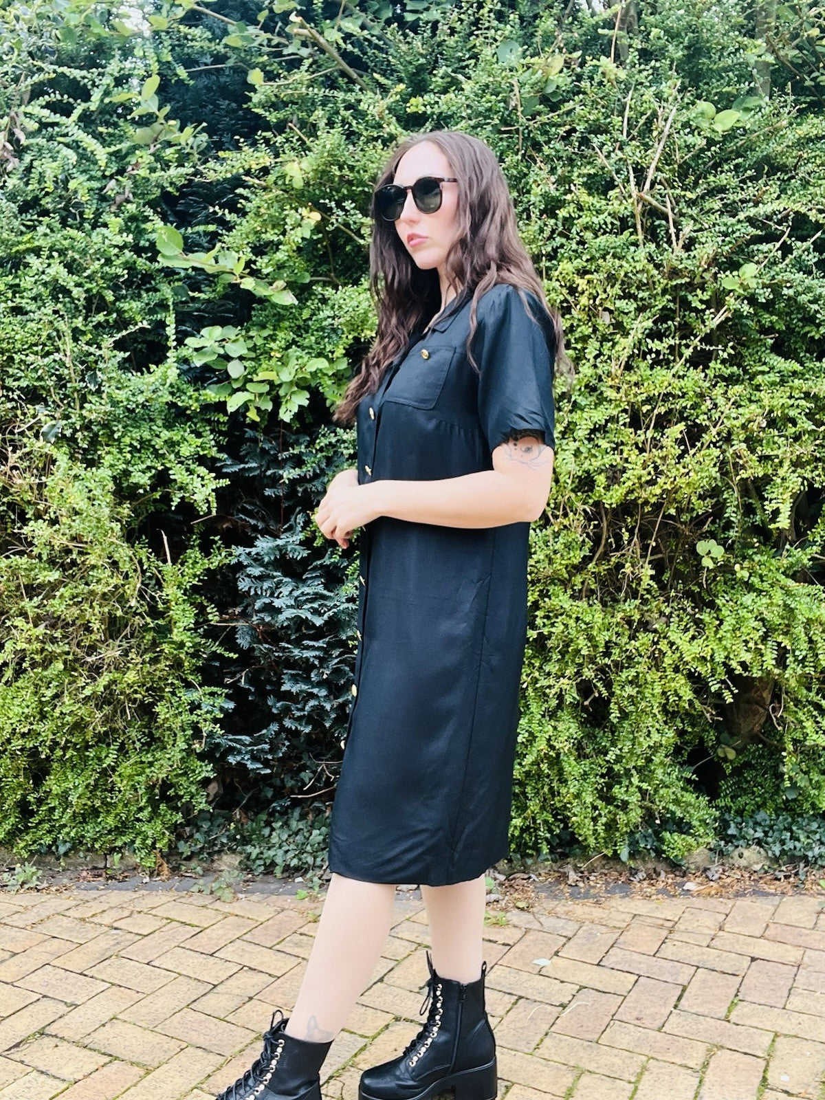 Vintage 1980s Shirt Dress, Pure Silk With Gold Buttons By Talbots, Black 14-16