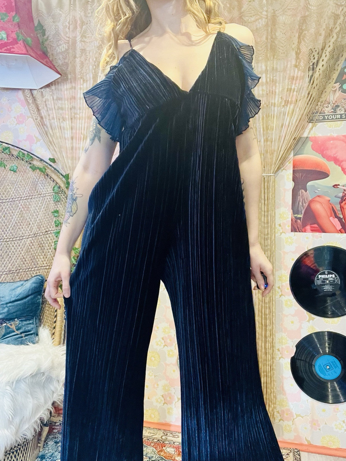 Retro Flared Velvet Jumpsuit By Plastic Ribbed Frilly Baggy Fit Romper Blue 12