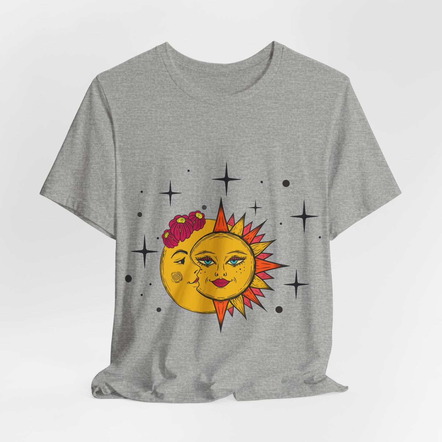Celestial Sun and Moon Tshirt, Boho Stars and flowers Tee, Galaxy Graphic Shirt, whimsical Top