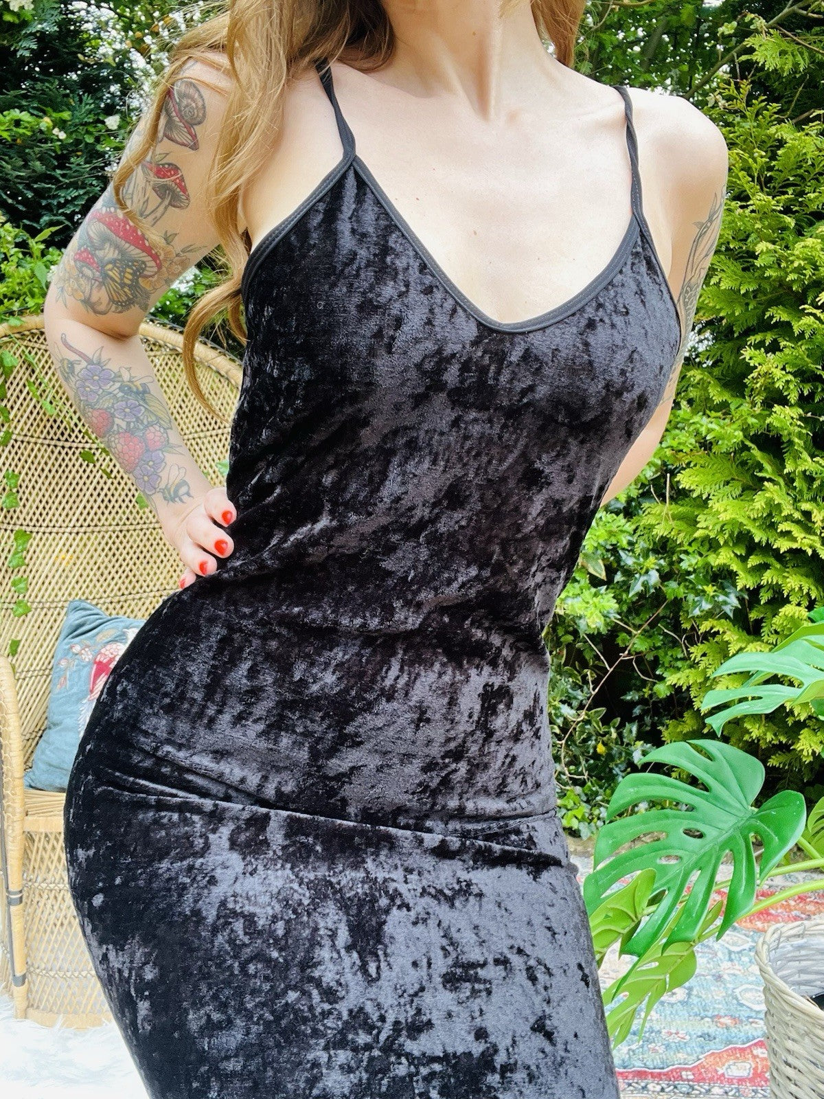 Vintage 1990s Velvet Dress With Lace Hem Spaghetti Straps Fitted Long 12-14