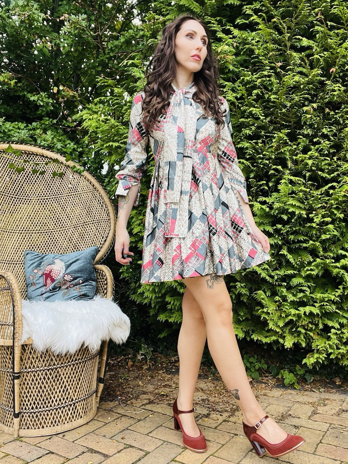 Vintage 1980s Pleated Dress, Short Length With Pussy Bow Tie Collar - Grey 10