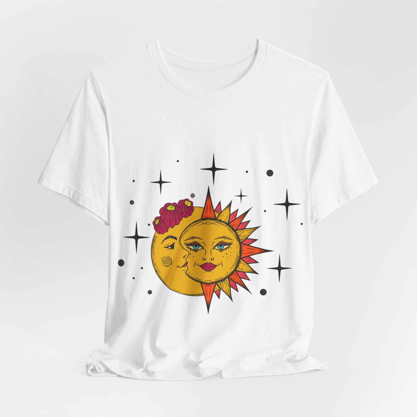Celestial Sun and Moon Tshirt, Boho Stars and flowers Tee, Galaxy Graphic Shirt, whimsical Top