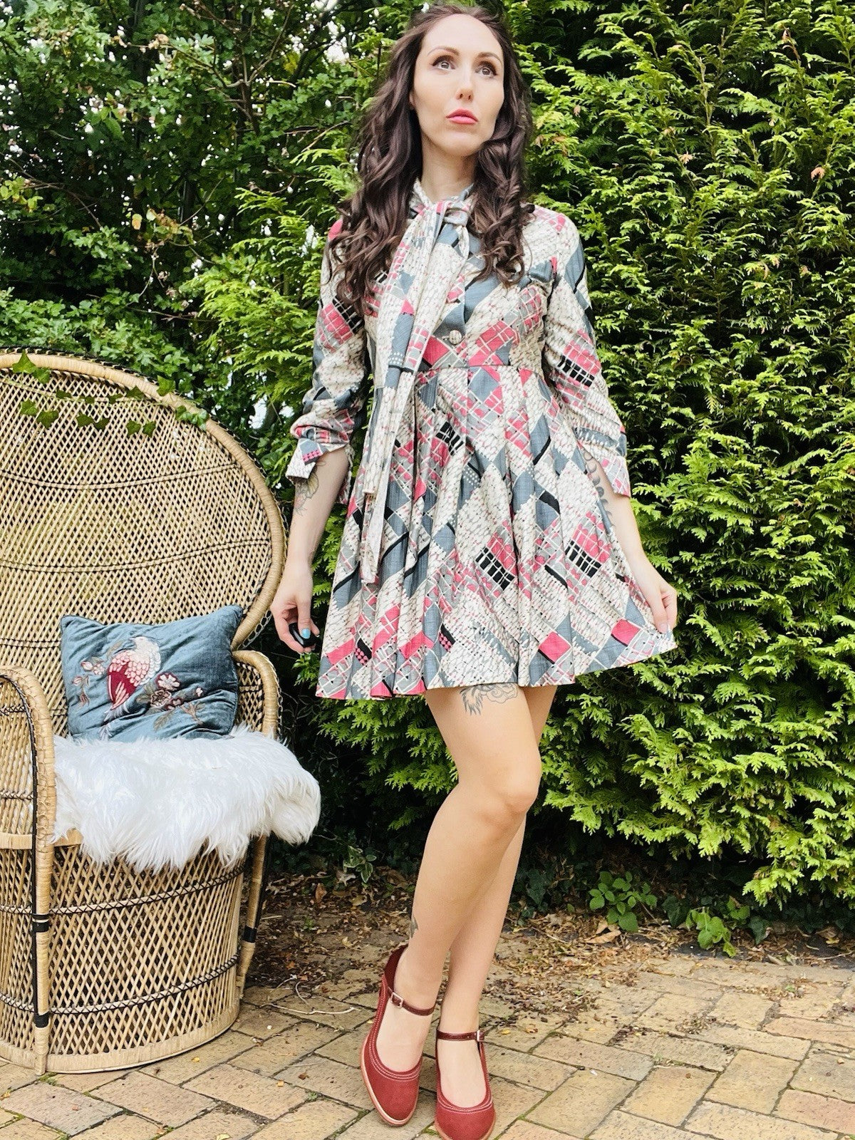 Vintage 1980s Pleated Dress, Short Length With Pussy Bow Tie Collar - Grey 10