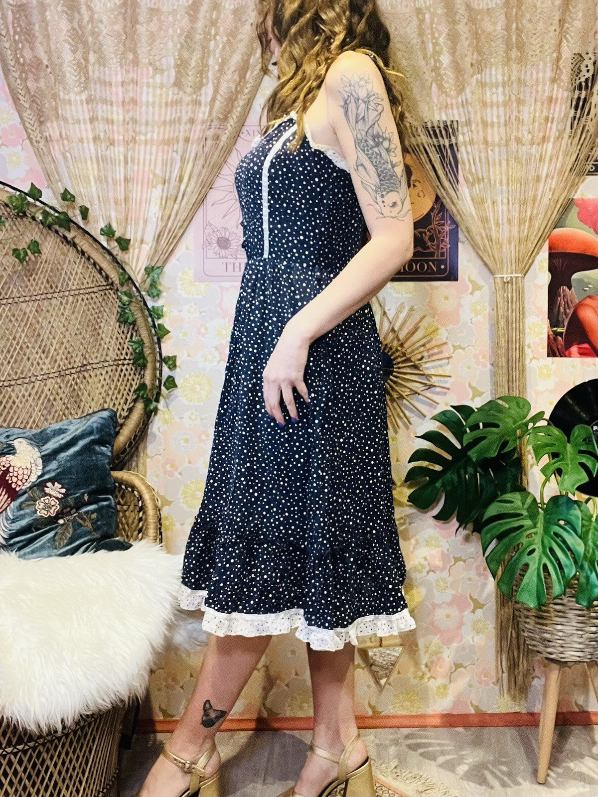 Vintage 1960s Summer Dress Polkadot With Frilly Hem And Pockets Size 12
