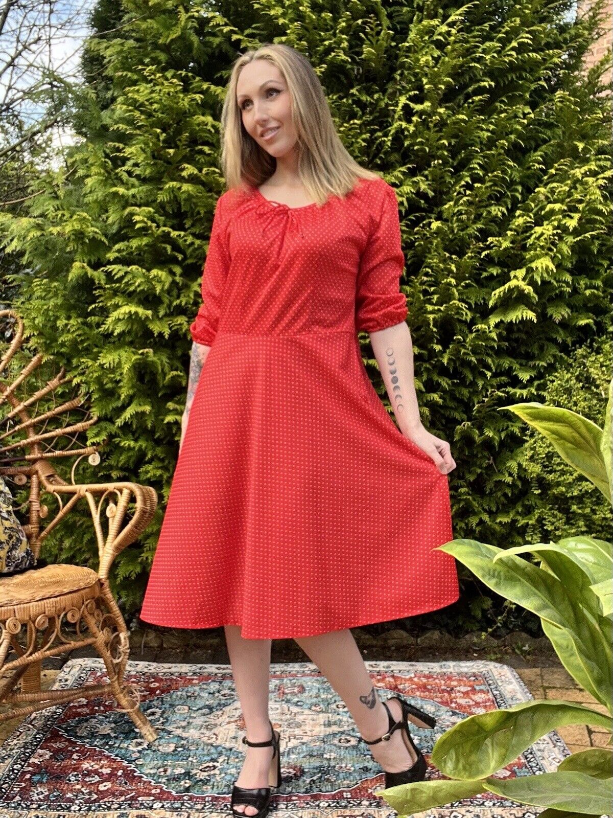 Vintage 80s Polkadot Dress With 3/4 Sleeves Size 14