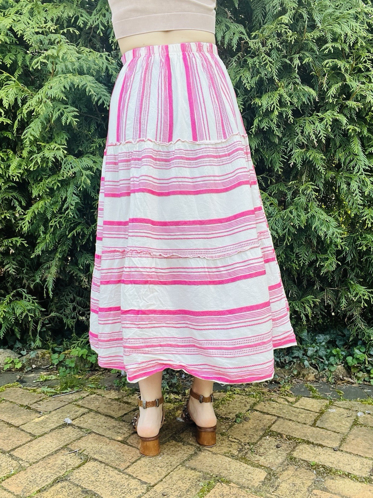 Hippie Boho Festival Skirt Layered Pink Striped Floaty Summer Midi Skirt Size S