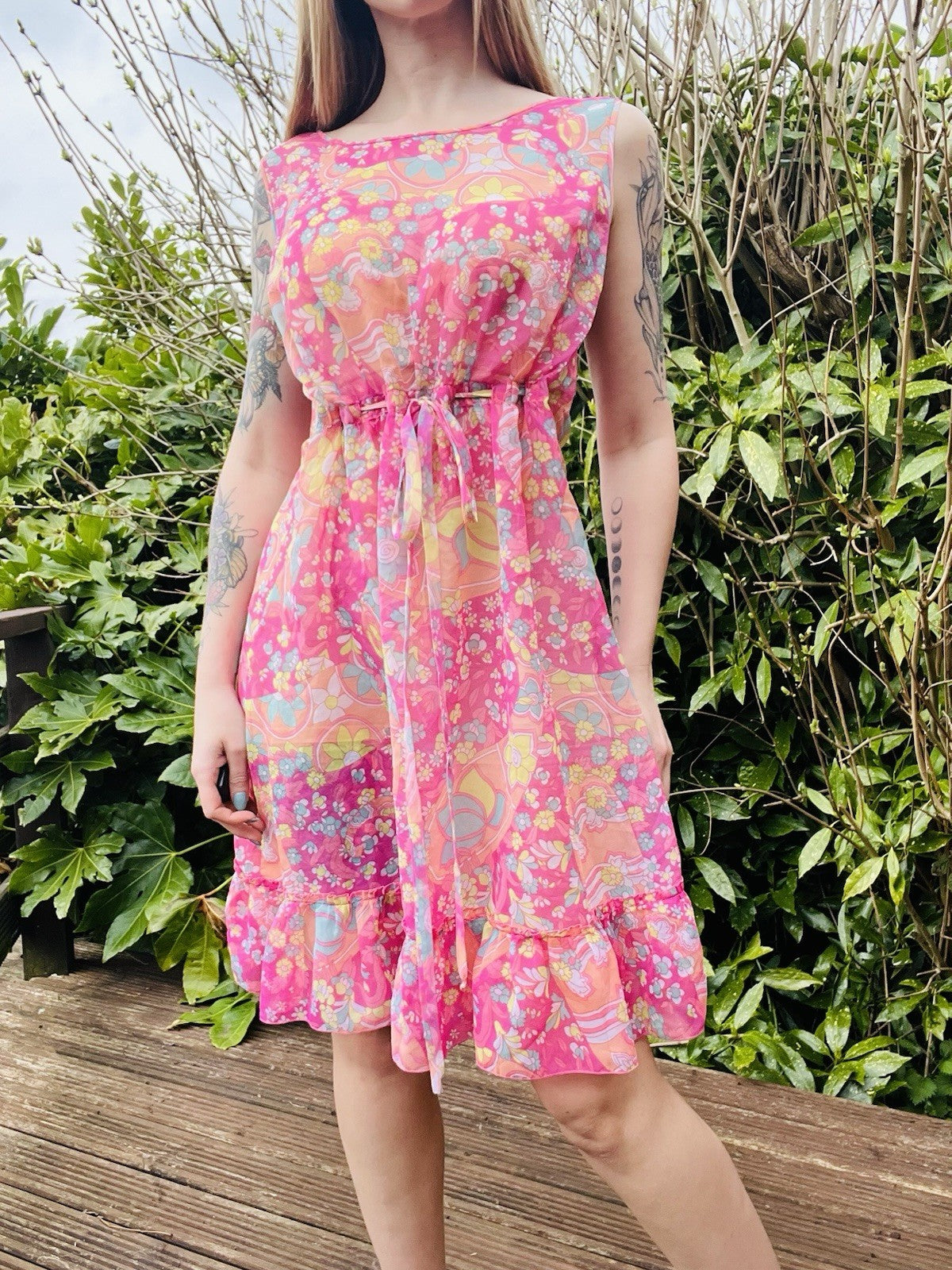 Vintage Y2K Sheer Dress 1960s Style Paisley Floral Ruffle Hem Baby Doll Slip 12