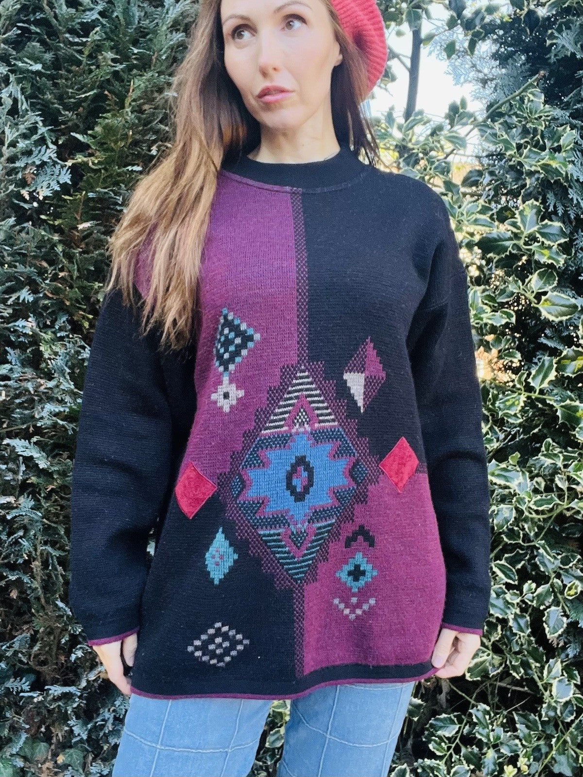 Vintage 1980s Knitted Jumper, Retro Geometric Oversized Wool Blend Knit 14-16