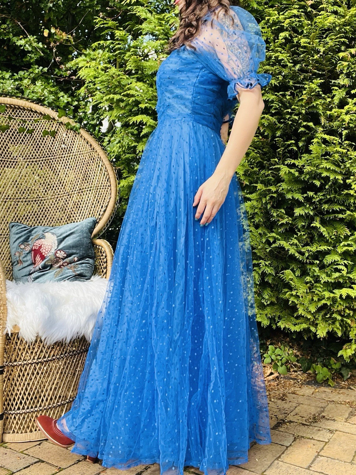 Vintage 1980s Long Dress, Sheer Polkadot Puff Sleeves Ball Gown - Blue Size 10