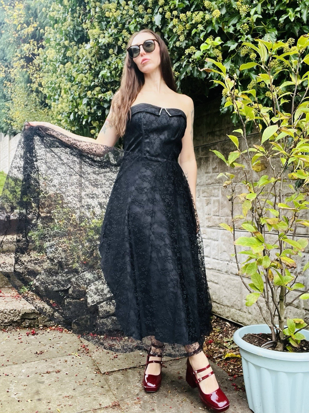 Vintage 1980s Party Dress Black Size 10 Strapless Layered Lace Whimsigoth