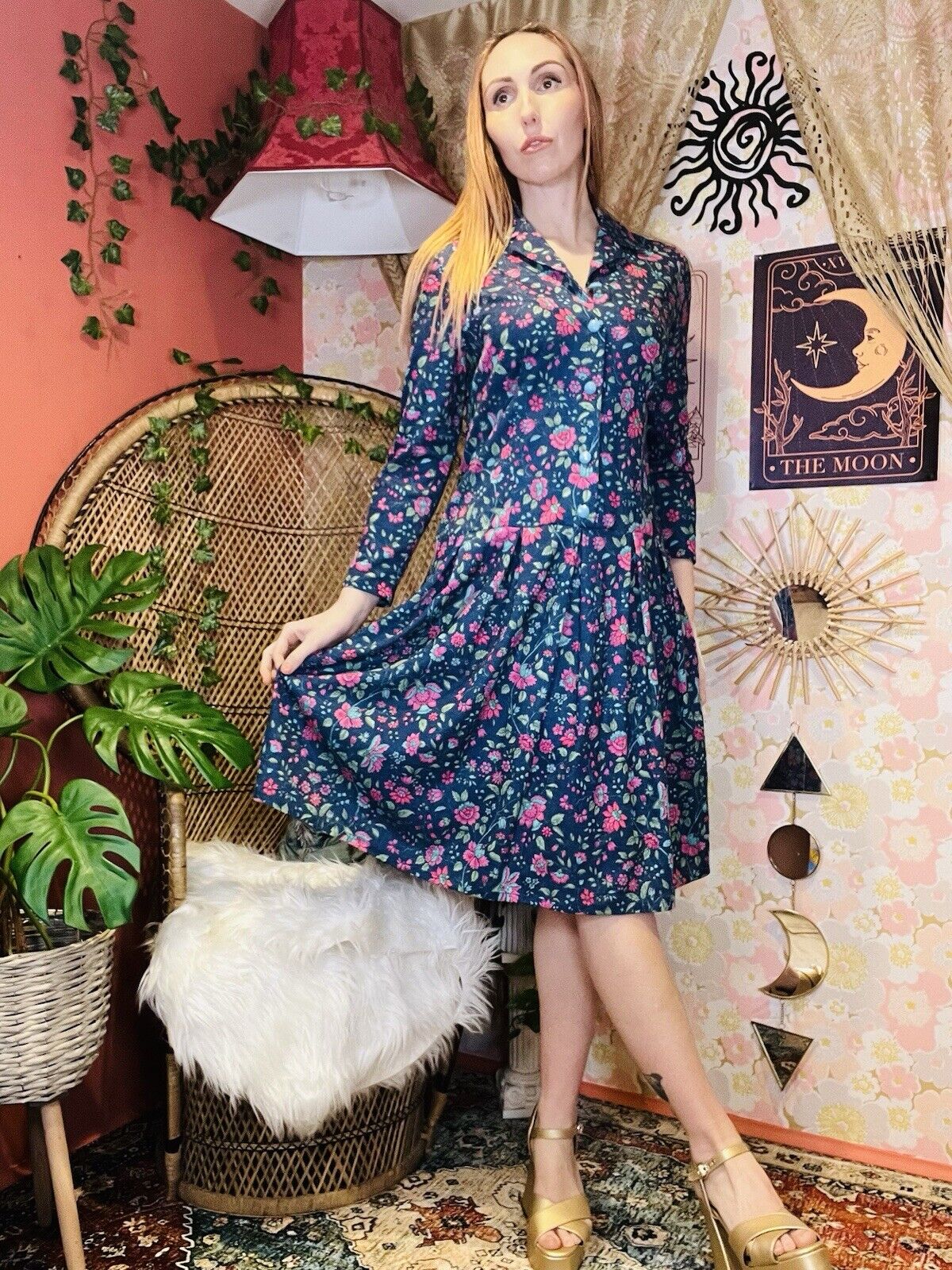 Vintage 1960s Shirt Dress By Deanes Long Sleeve Floral Shorter Fitting Blue 10