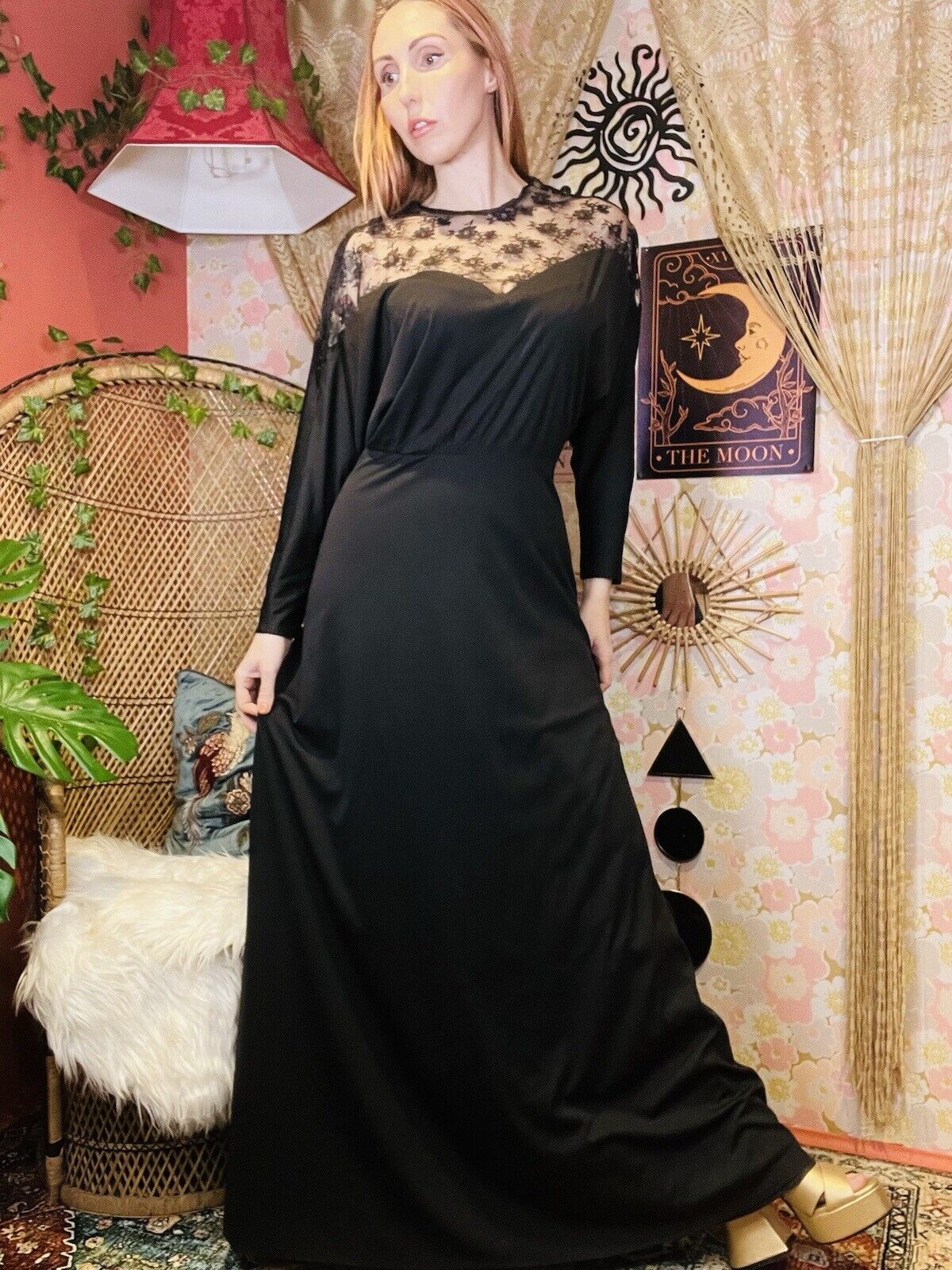 Vintage 1970s Maxi Dress Long Batwing Sleeves And Lace Detail Black Size 10