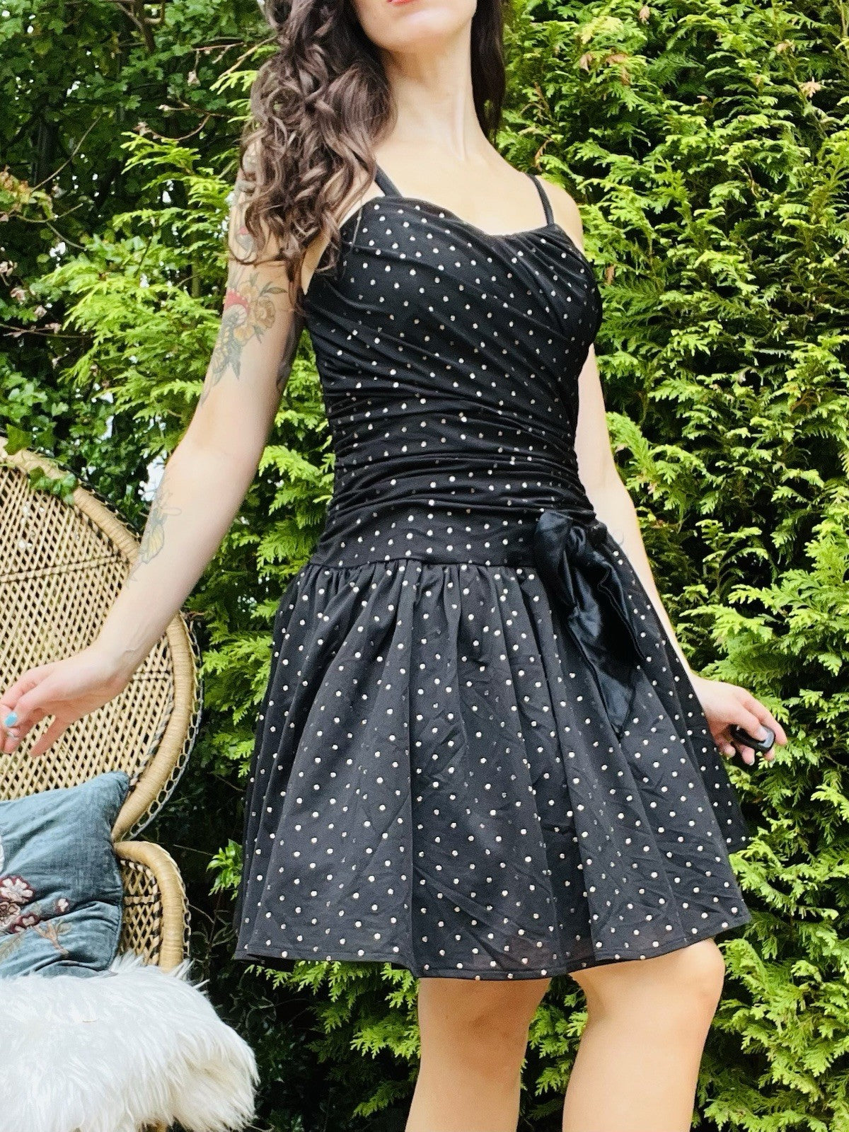 Vintage 80s Party Dress Ruched Waist A-line Puffy Skirt Polkadot With Bow 8-10
