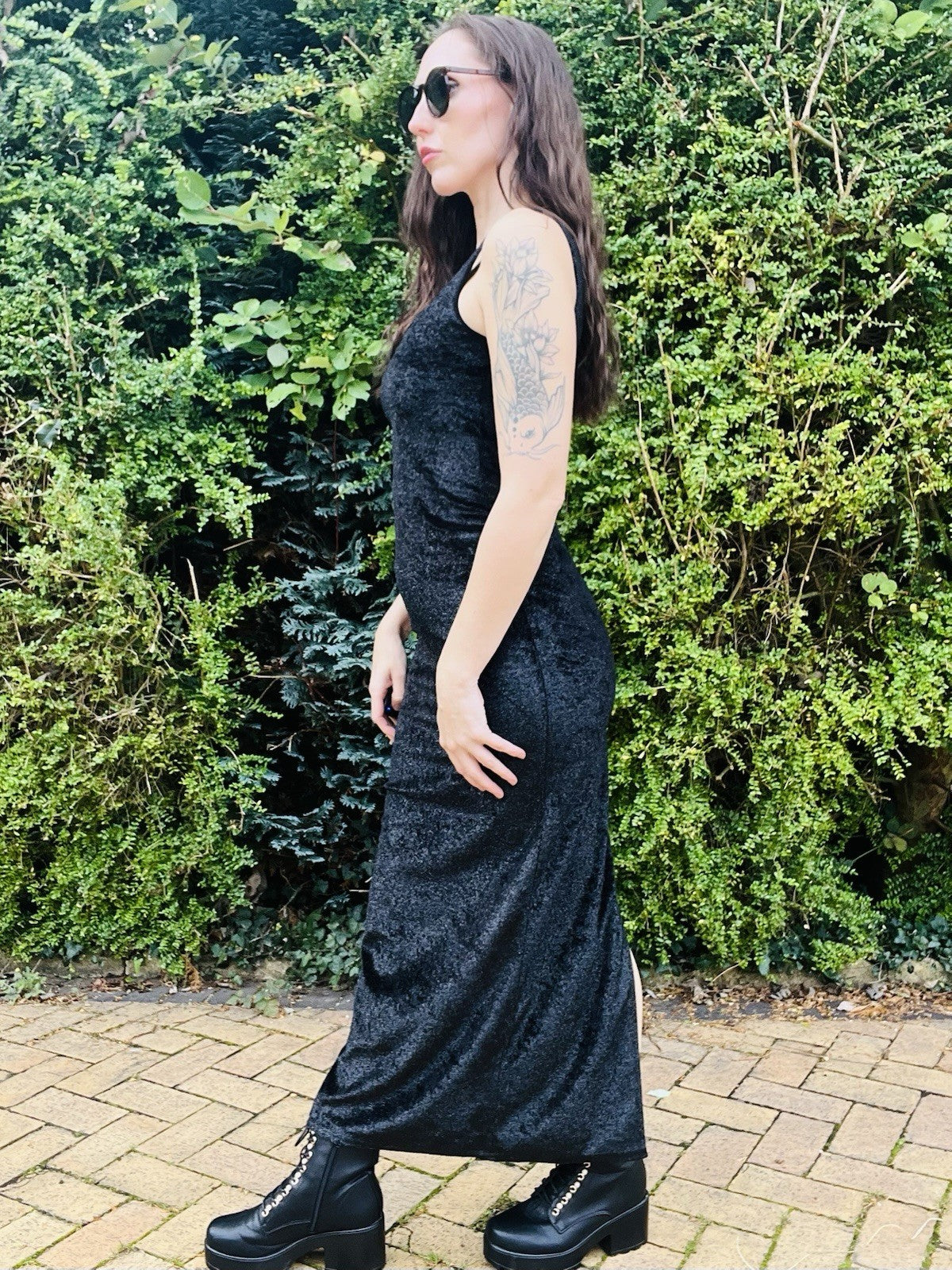 Vintage 1980s Fitted Dress, Long Velvet Wiggle Pencil Dress, Black Size 10