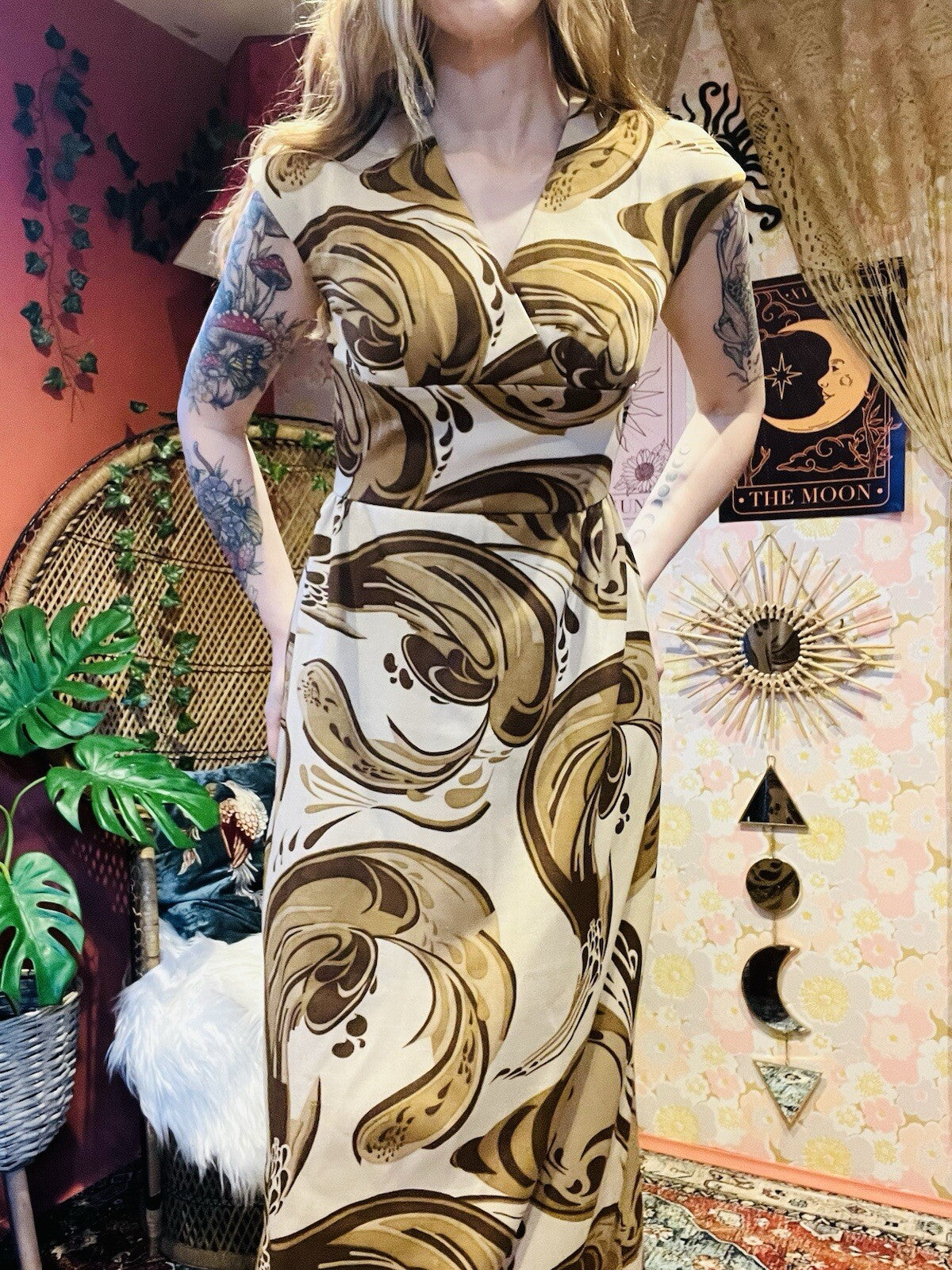 Vintage 1970s Maxi Dress Psychedelic Hippie Pattern By DK Modern Brown Size 10