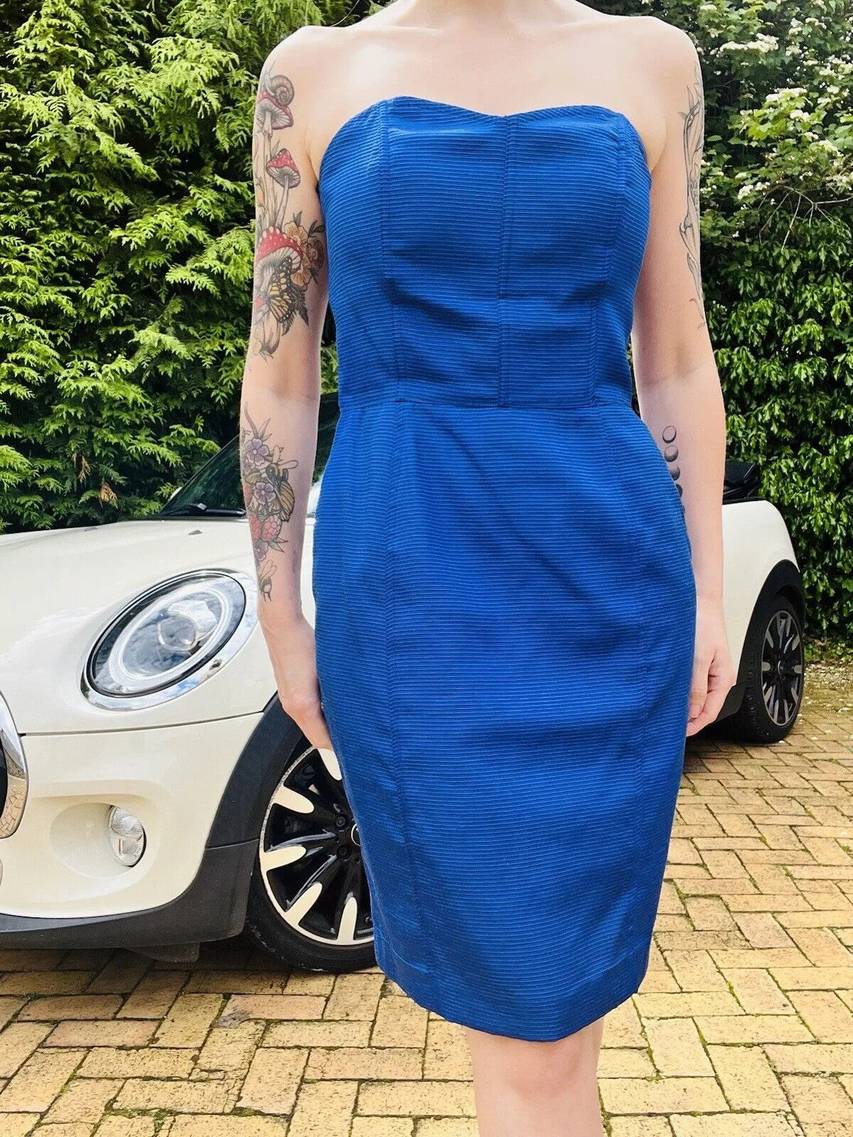 Vintage 1980s cocktail Dress Blue Size 12 L fitted strapless pencil dress