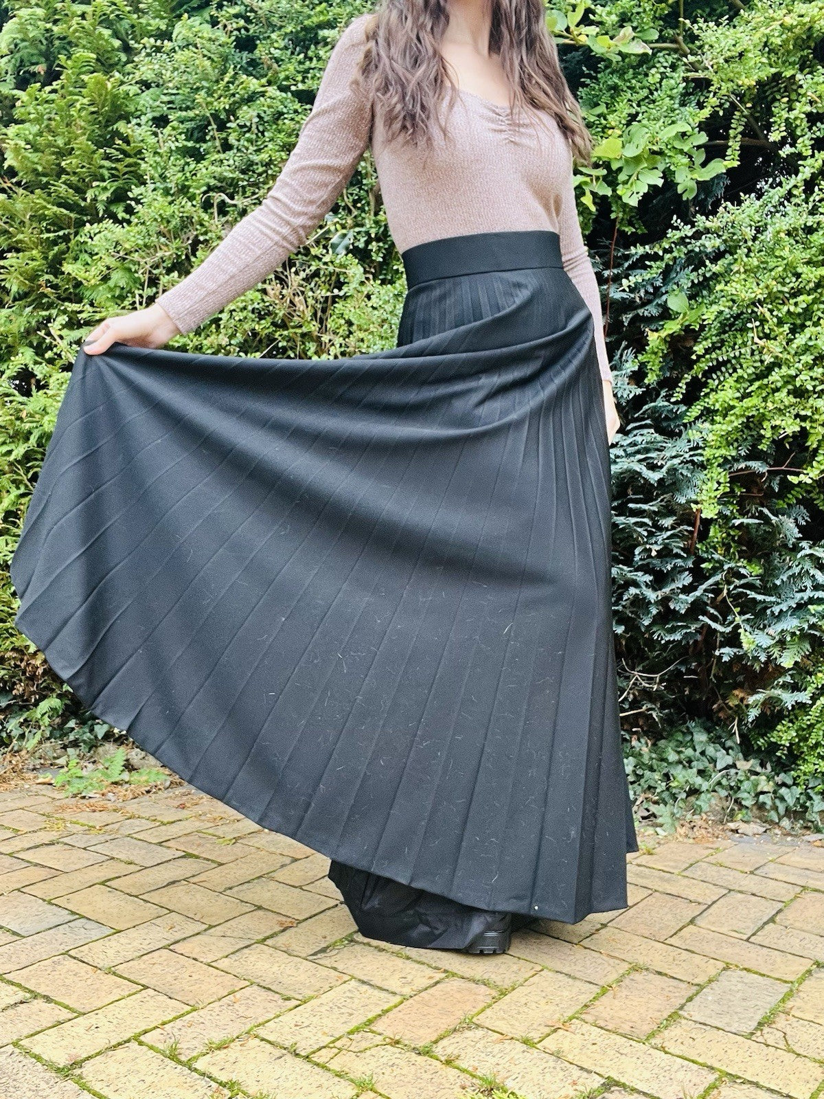 Vintage 1960s Maxi Skirt, High Waist Long Retro Pleated Black Size 10