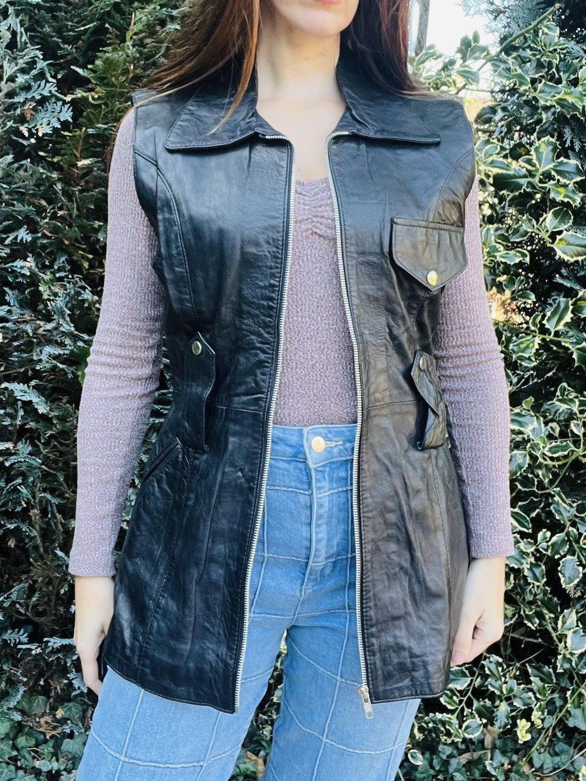Vintage 70s 80s Leather Gilet, Retro Black Belted Sleeveless Jacket Size 10-12