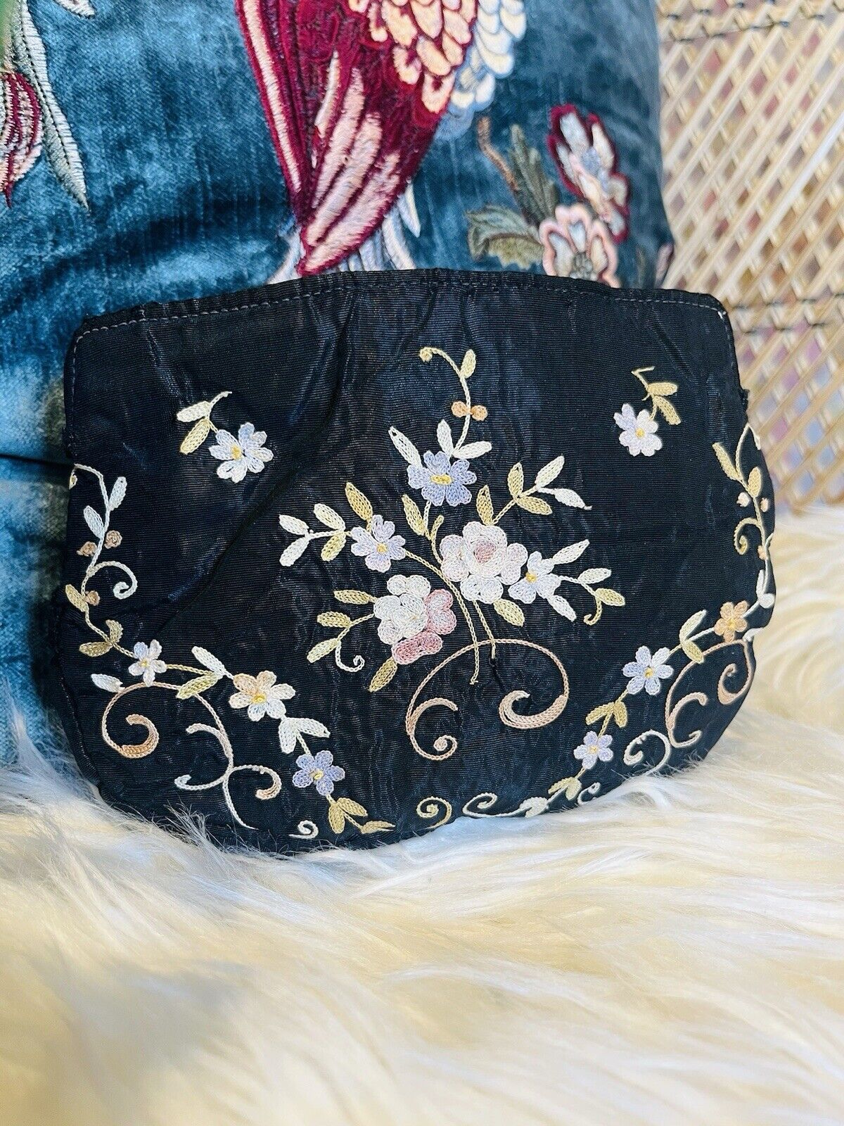 Vintage 1920s Embroidered Bag Small Antique Floral Clutch Purse With Mirror