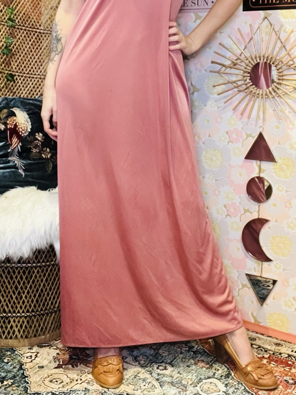 Vintgage 70s Slip Dress Size 10 Pink Retro 1970s Slinky Long Cowl Neck Dress