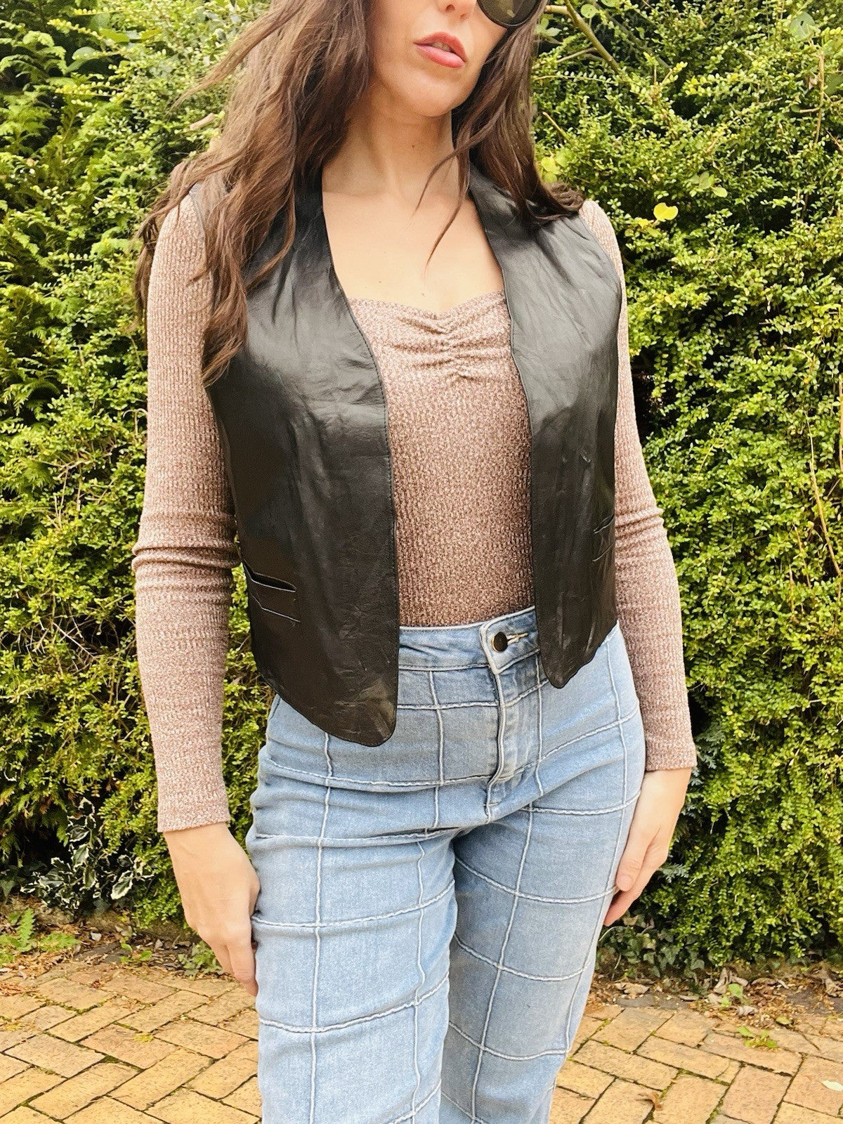 Vintage 1970s Leather Waistcoat, Cropped Sleeveless Jacket, Pockets, Black 10-12