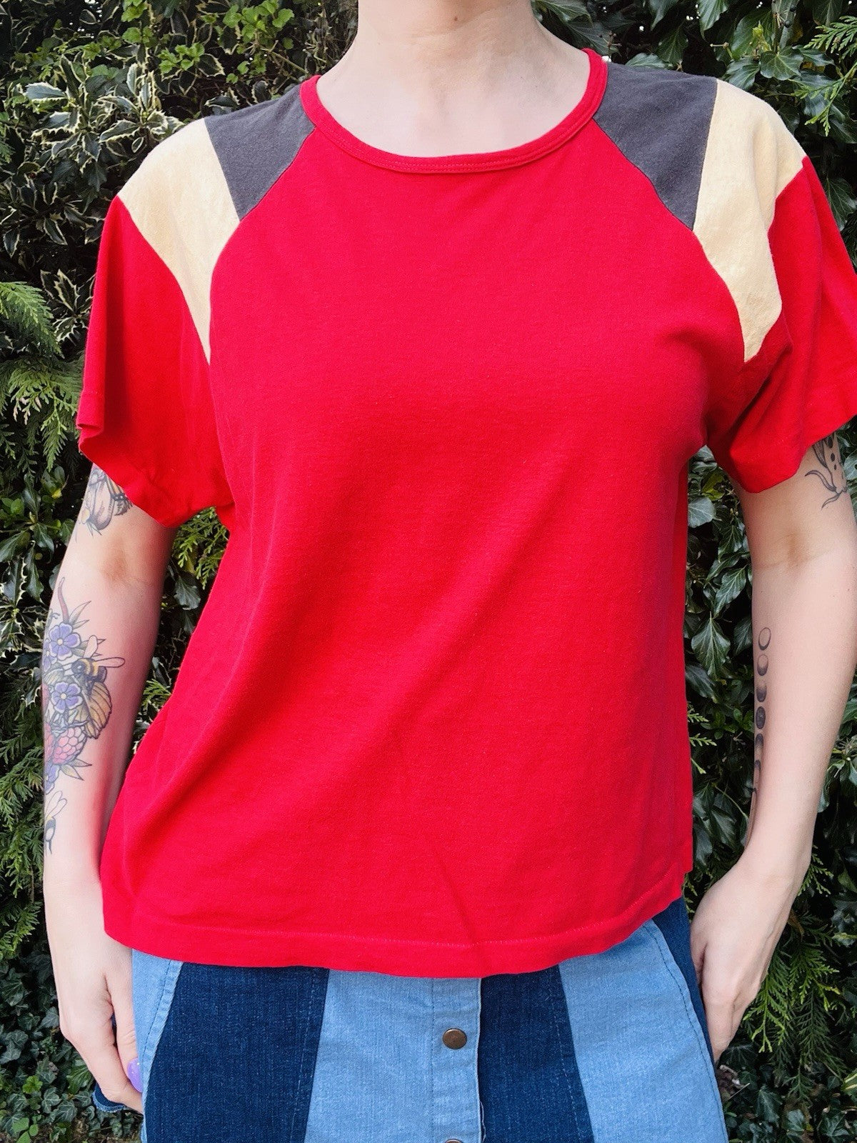 Vintage 80s Cotton T-shirt Block Colour Single Stitch Tee Top Short Sleeve 14-16