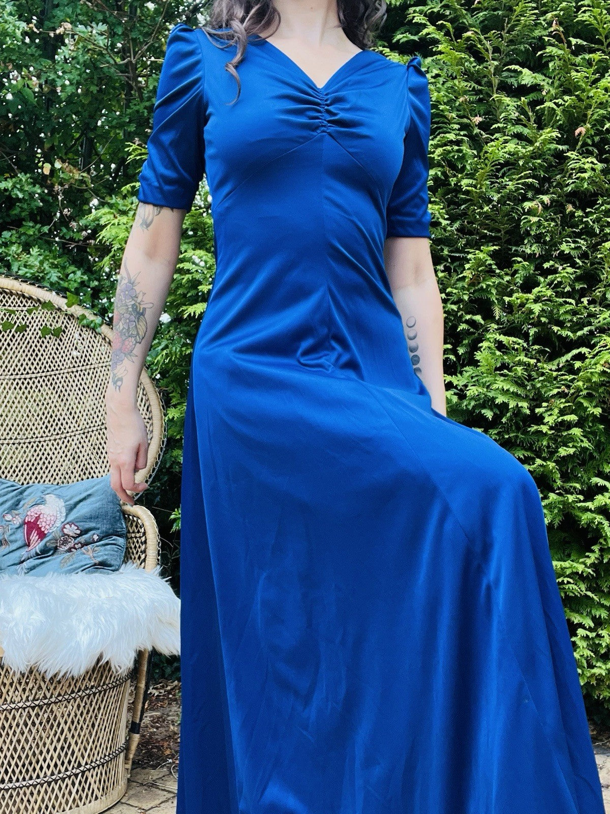 Vintage 1970s Maxi Dress, Short Sleeves Long Length Rouched Bust Dress - Blue 10