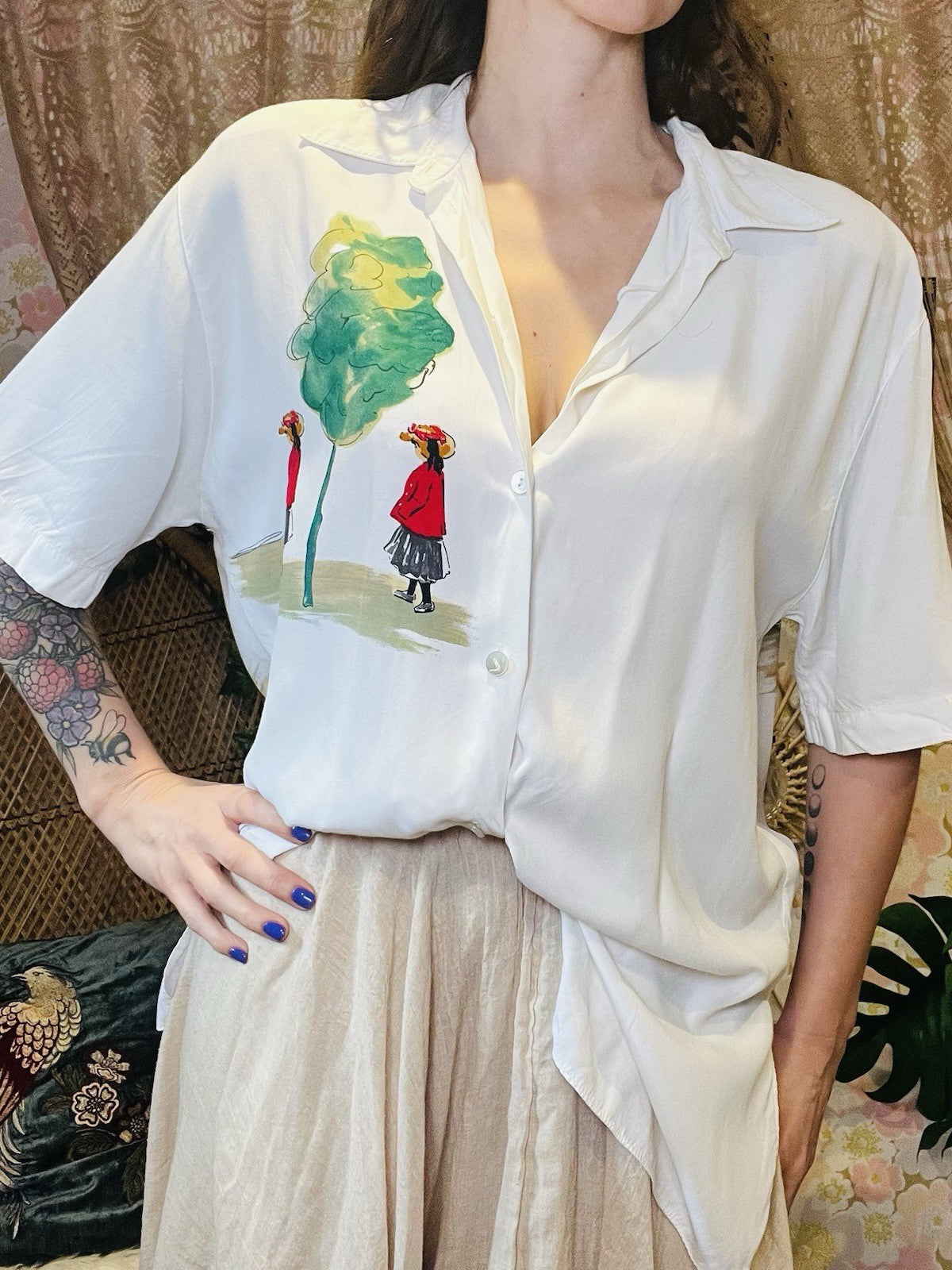 Vintage 1980s Blouse Shirt Watercolour Painting Oversized Baggy Top White 12