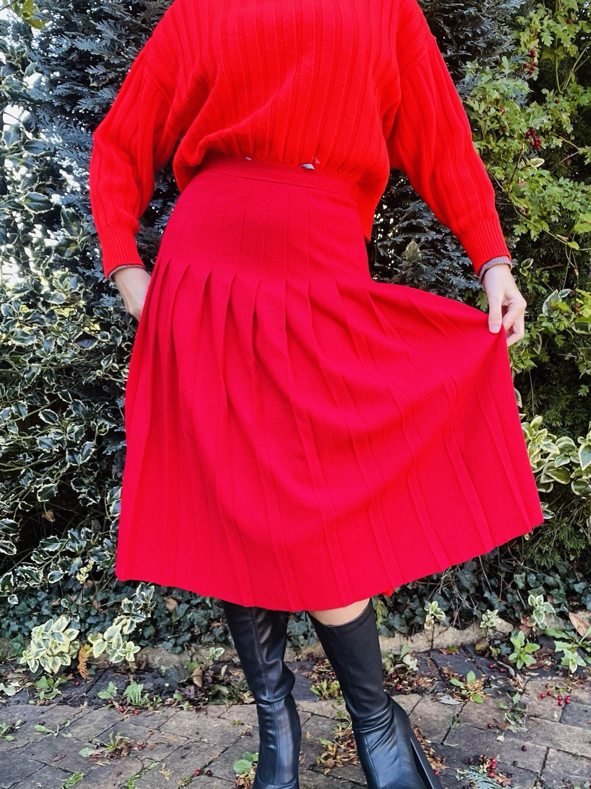 Vintage 1980s Pleated Skirt, High Waist Red Midi Kilt Style Skirt Size 8