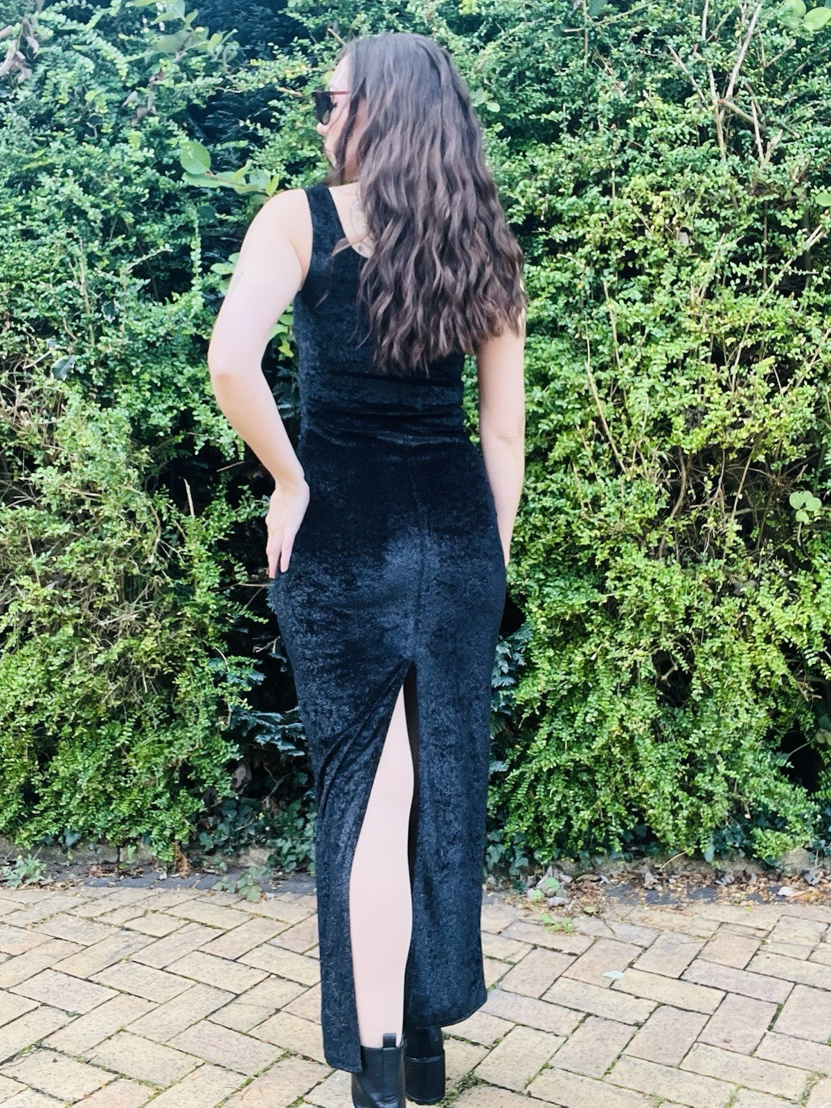 Vintage 1980s Fitted Dress, Long Velvet Wiggle Pencil Dress, Black Size 10