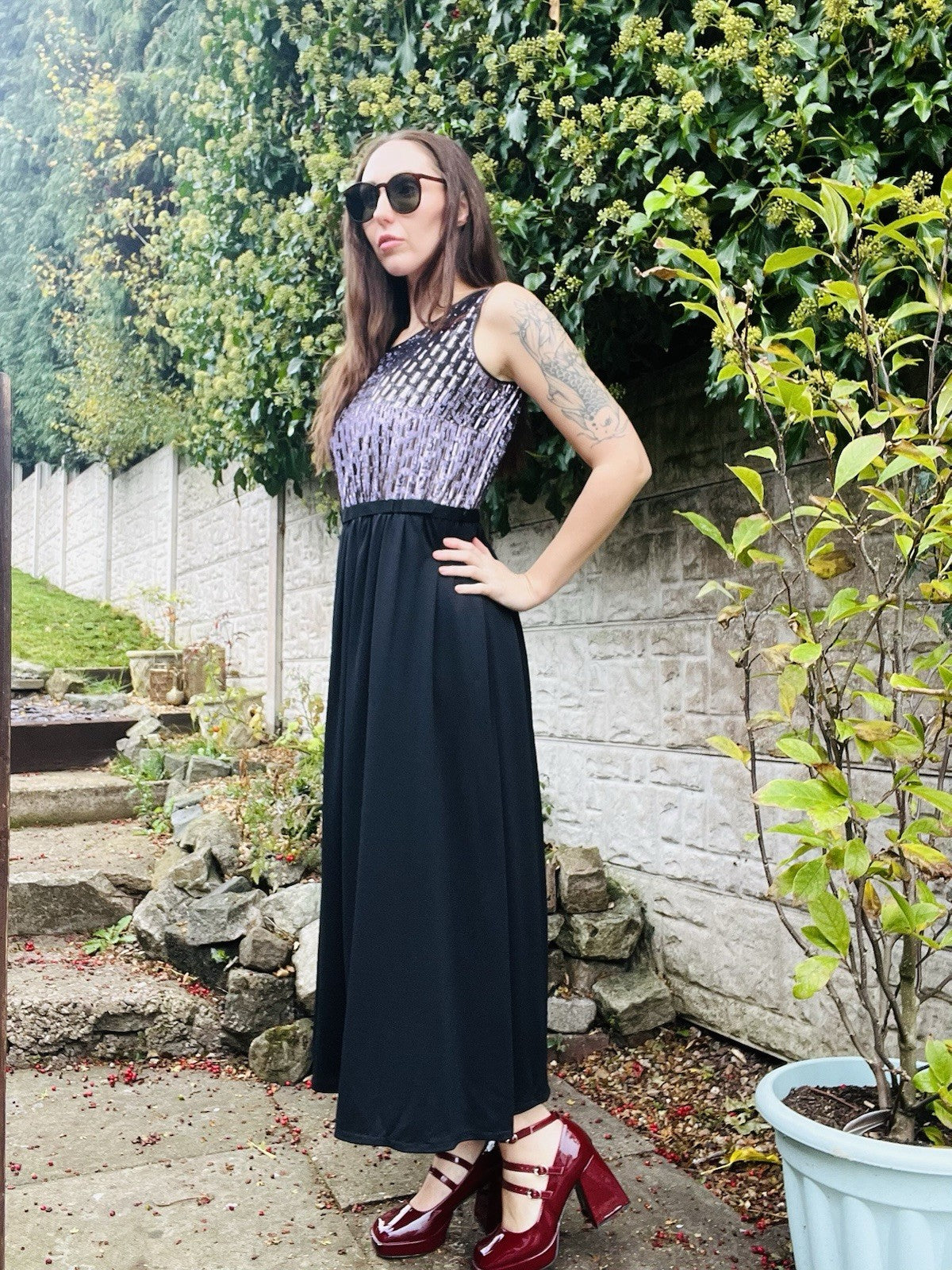 Vintage 1980s Party Dress Black Size 16-18 Shimmery Sparkly Long Cocktail Dress
