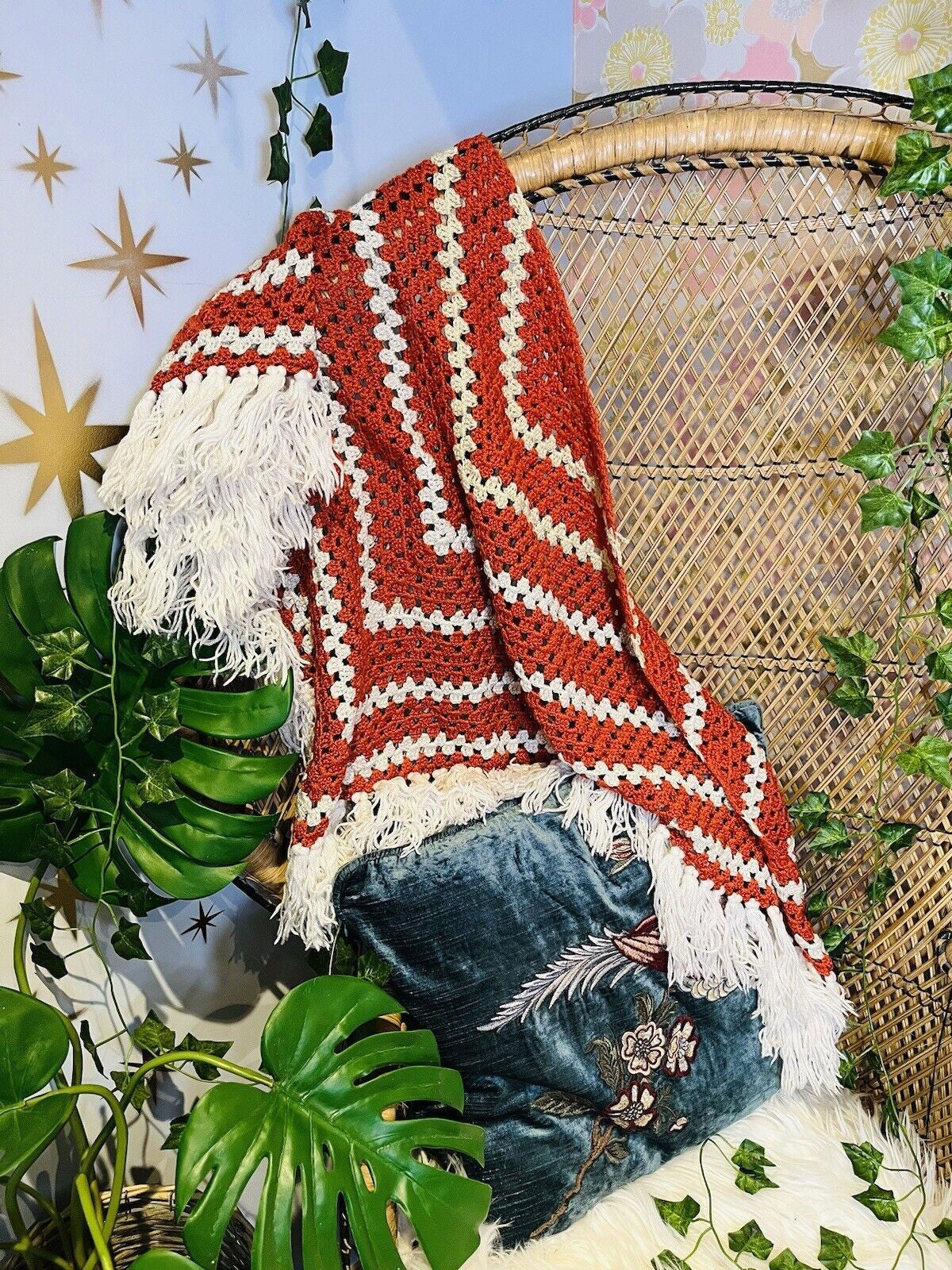 Vintage Knit Crochet Shawl Hippie Boho Triangle Wrap Cape Cottage Whimsy Scarf