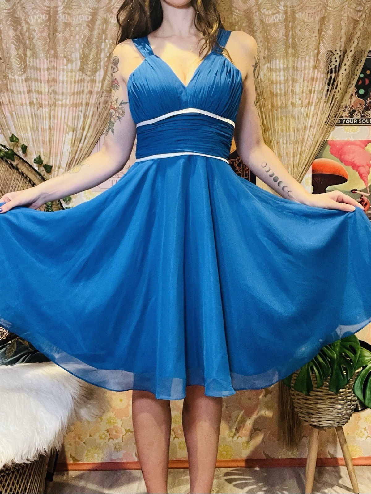 Vintage 1980s Party Dress Floaty Rouched Waist Cocktail Dress Blue Size 10