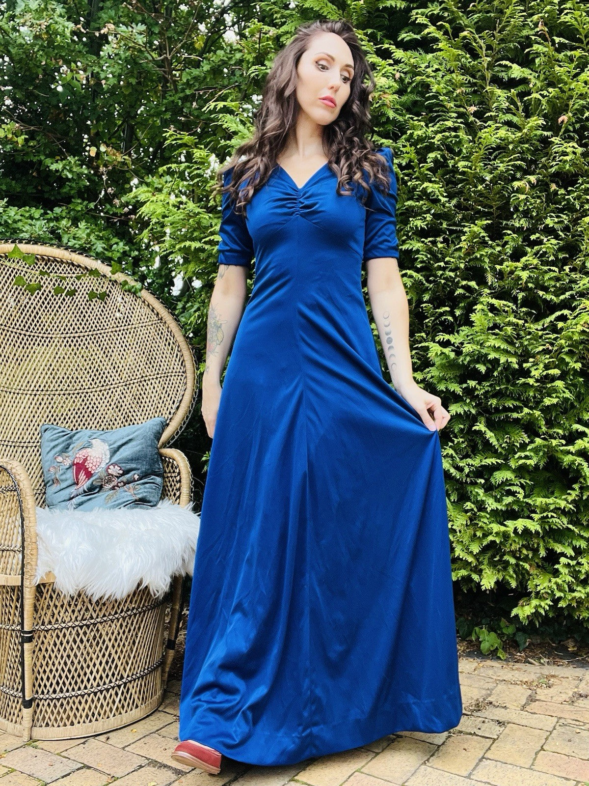 Vintage 1970s Maxi Dress, Short Sleeves Long Length Rouched Bust Dress - Blue 10