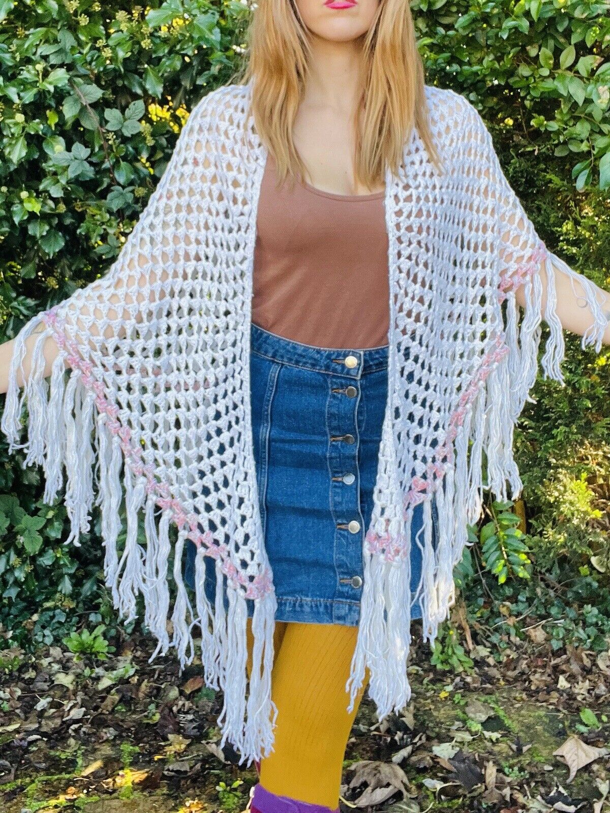 Vintage Boho Crochet Shawl Hippie Triangle Knit Wrap Cape Cottage Whimsy Scarf