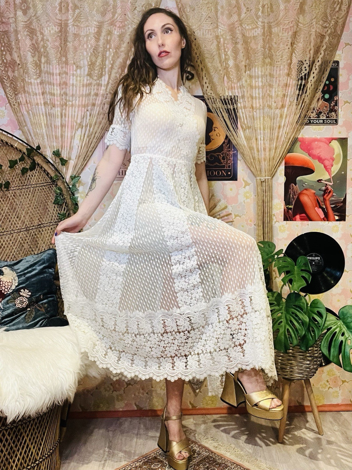 Designer Lace Sheer Dress By Maje Boho Bohemian Summer Festival V Neck 8-10