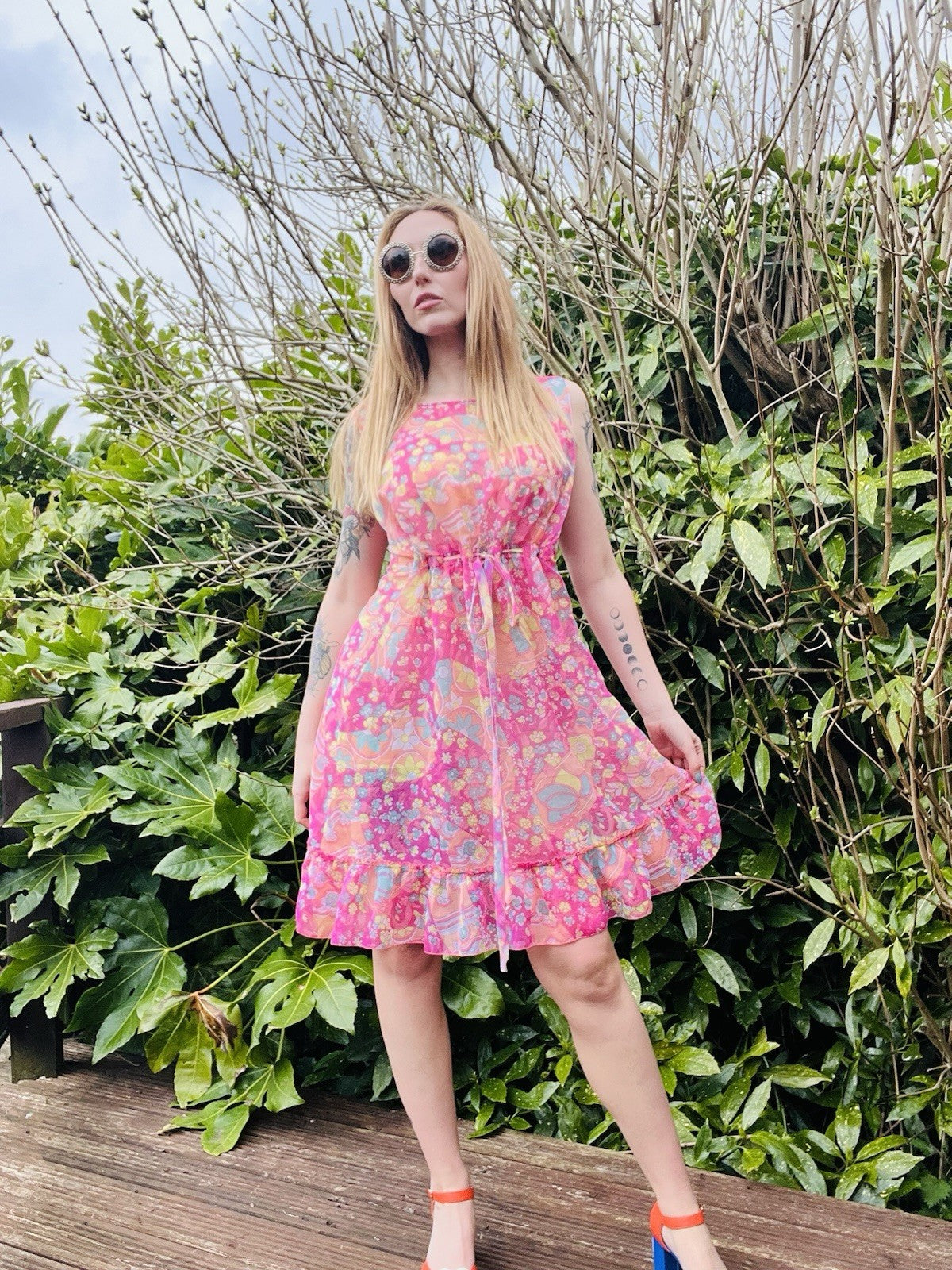Vintage Y2K Sheer Dress 1960s Style Paisley Floral Ruffle Hem Baby Doll Slip 12