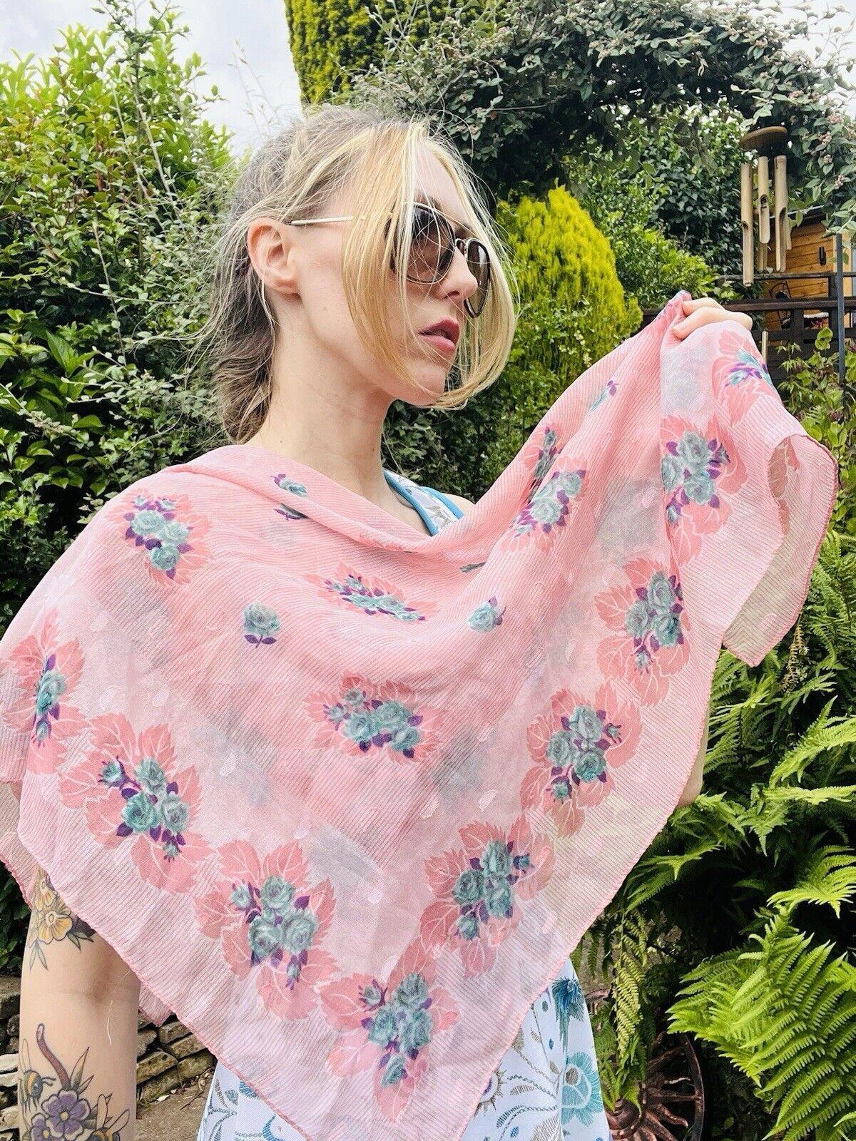 Vintage 1970s Neck Scarf By Debenhams With Sheer Pink Floral Design