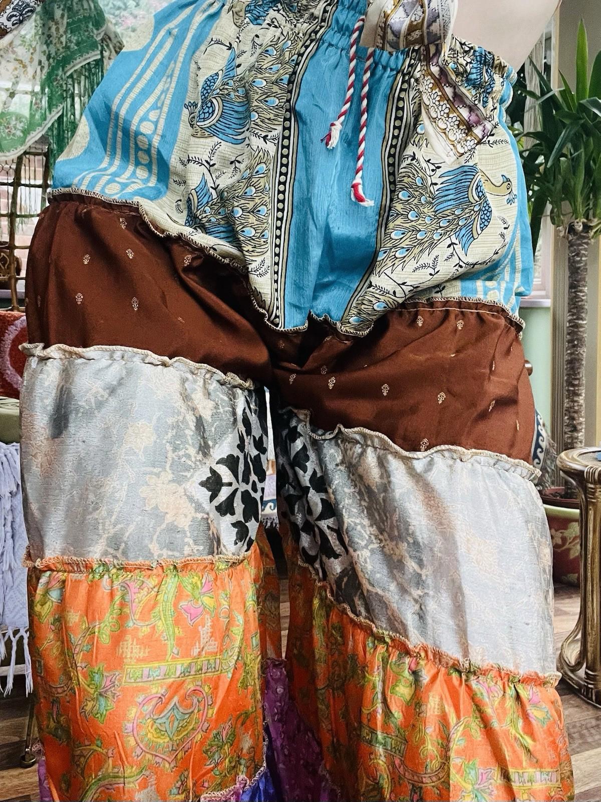 Wide Leg Trousers Vintage Patchwork Layered Sari Silk Hippie Boho Gypsy Pants M