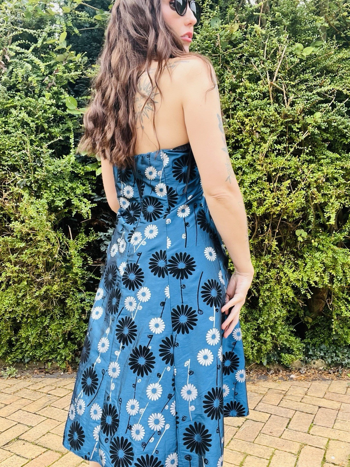 Vintage 1990s Cocktail Dress, Strapless A Line With Floral Daisy Print, Blue 16