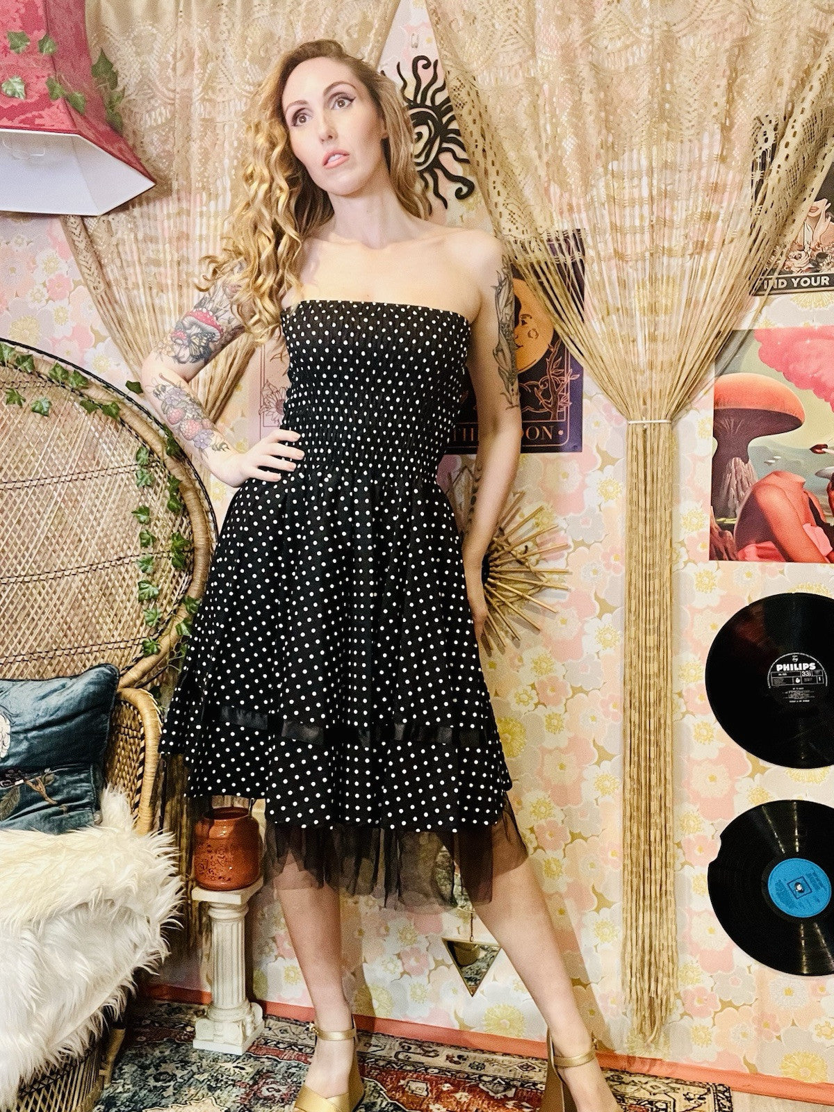 Vintage 1980s Polkadot Dress Frilly A-line Strapless Shirring Party Dress 12