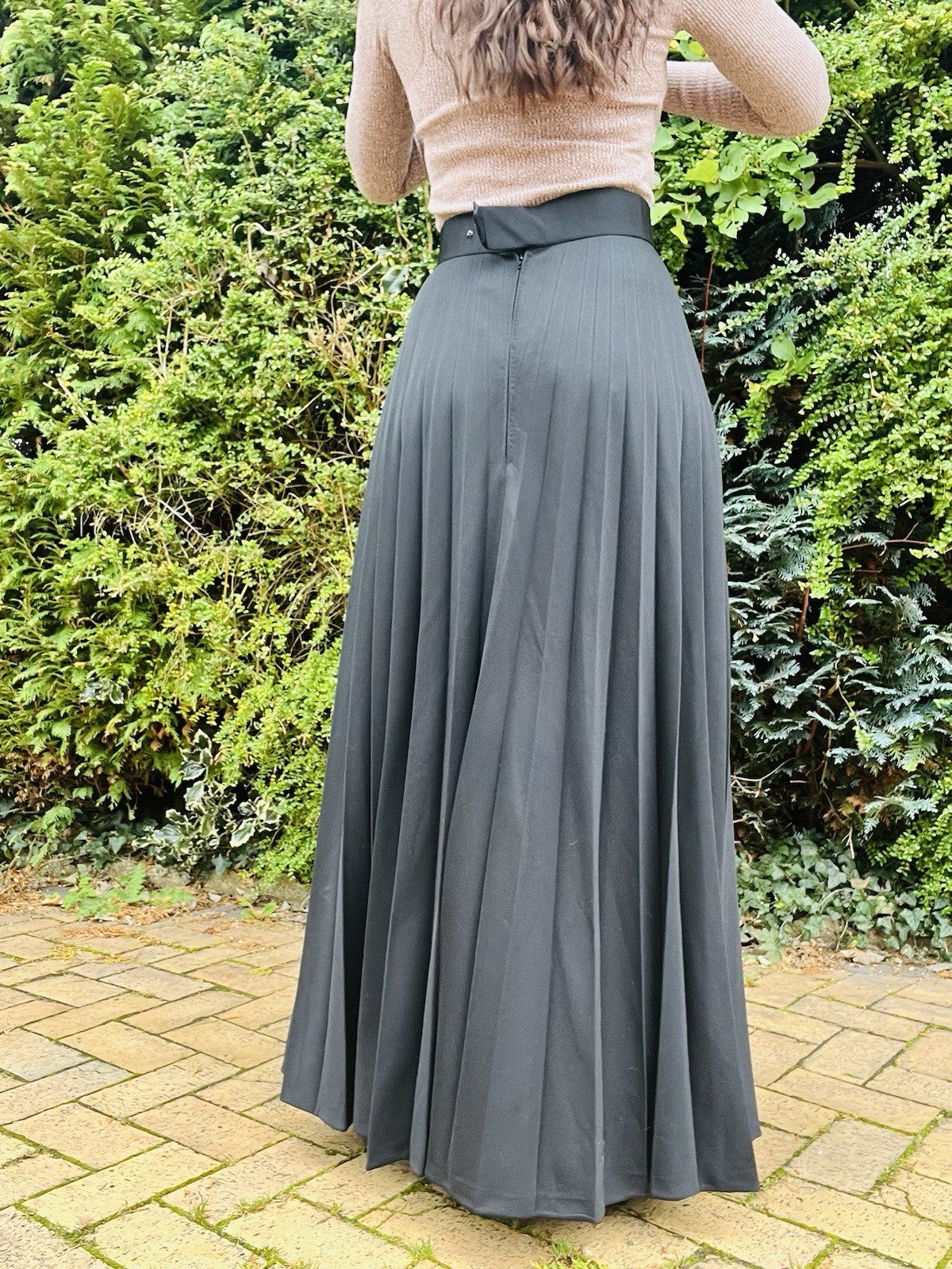 Vintage 1960s Maxi Skirt, High Waist Long Retro Pleated Black Size 10
