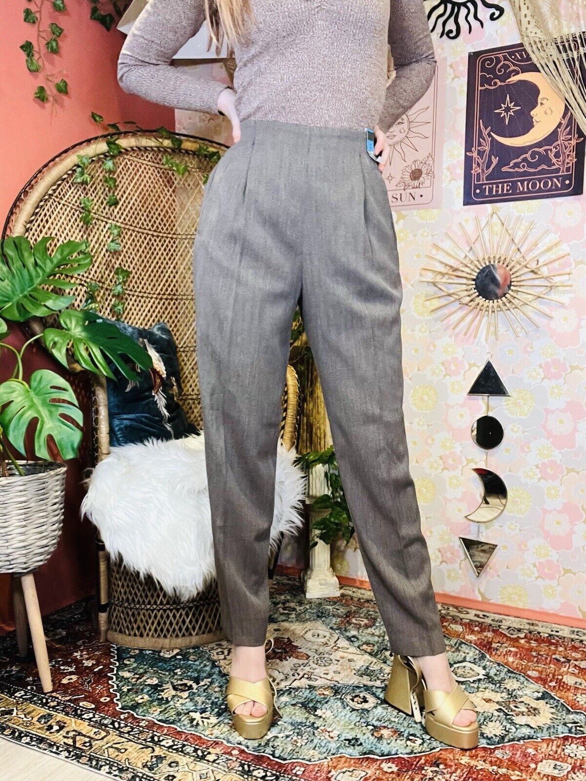 Vintage 80s Work Trousers By St Michael Tailored Tapered Long Leg Grey/beige 10