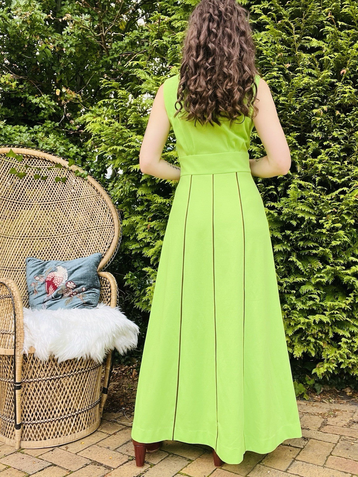 Vintage 1960s Maxi Dress Retro Psychedelic Green With Embroidered Waist Size 12