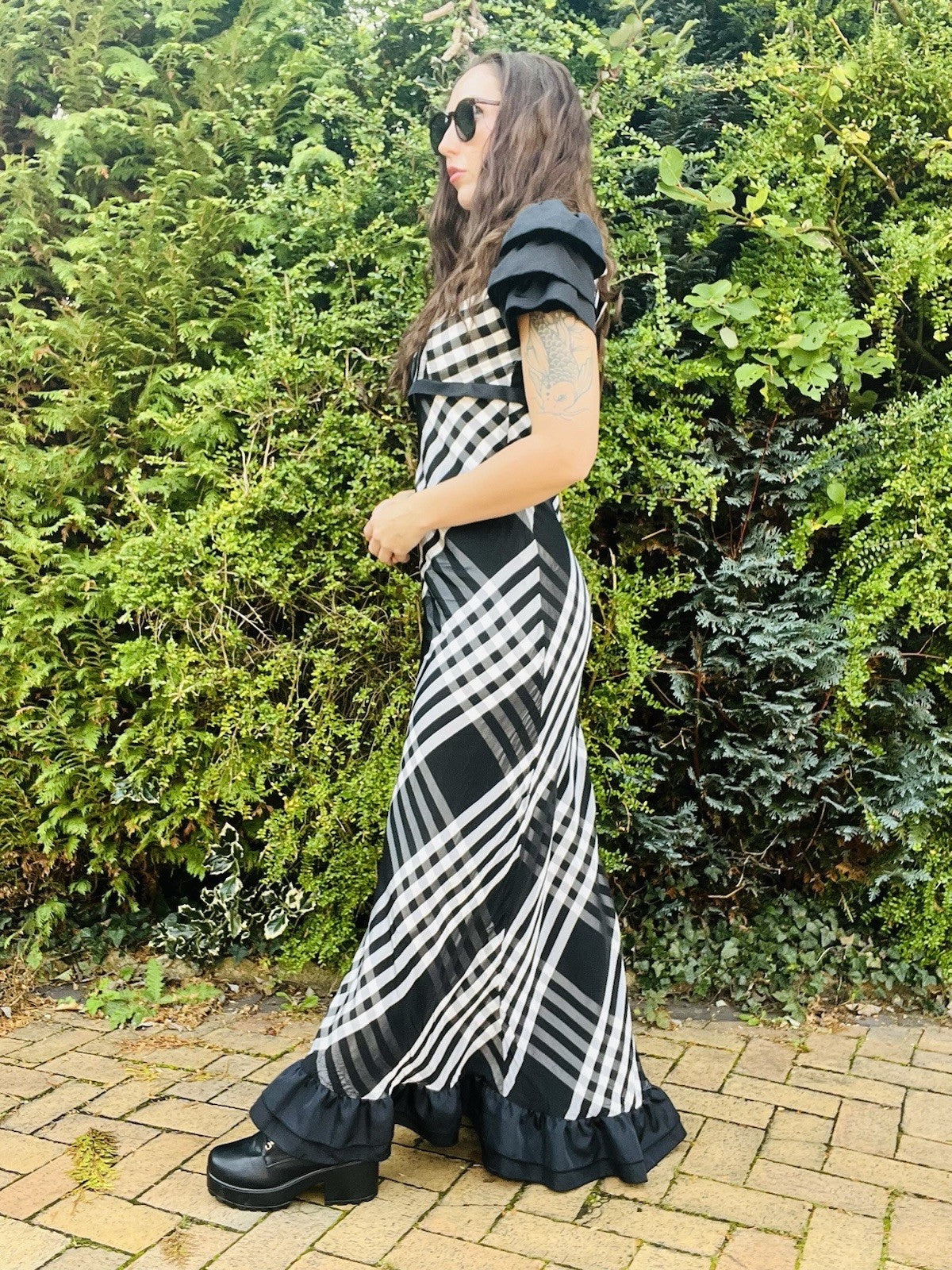 Vintage 1970s Long Dress, Empire Waist Tartan Plaid Frilly Maxi Dress Size 10-12