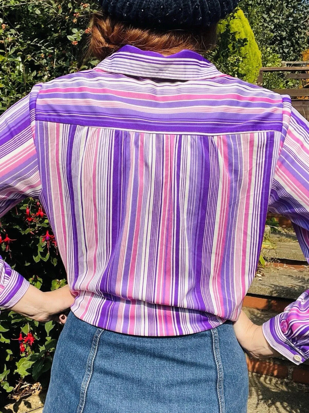 vintage striped shirt Size 12 14 Striped retro blouse 70s 80s Pink Purple