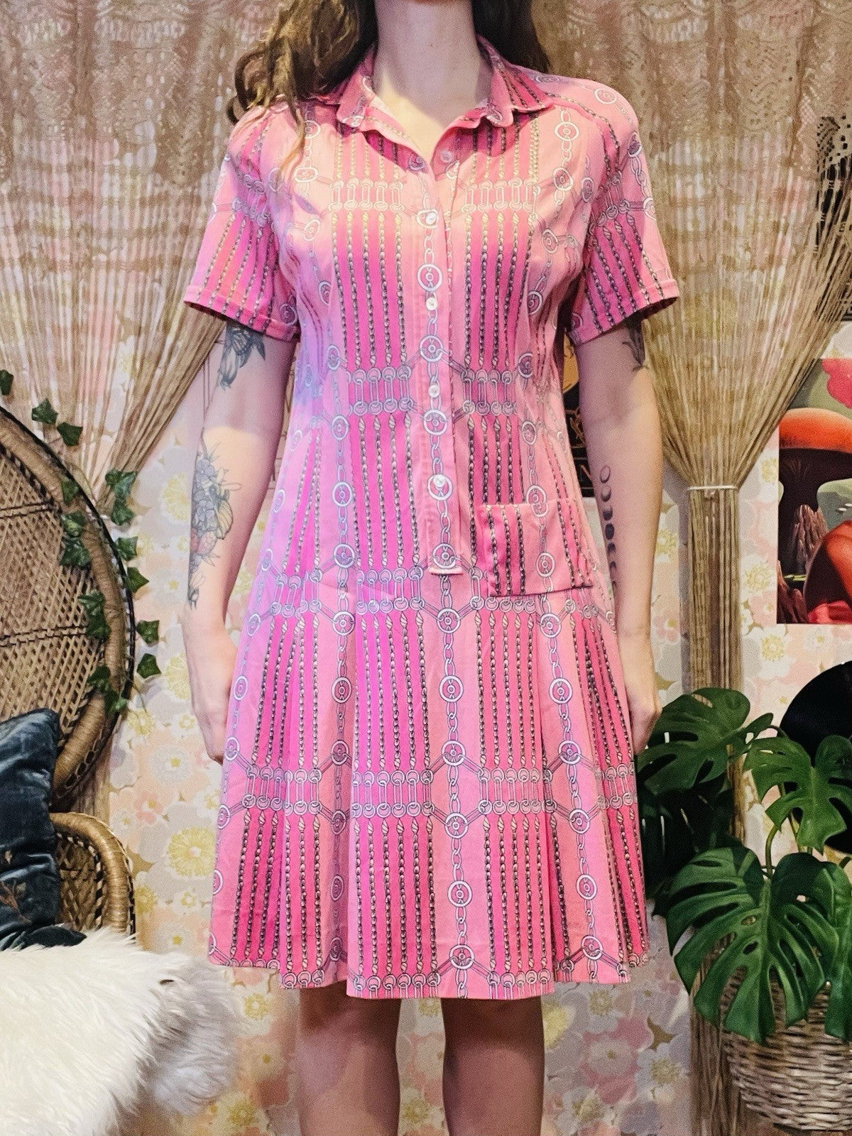 Vintage 1960s Shirt Dress Pleated With Buttons Short Sleeves Fun Retro Pink 14