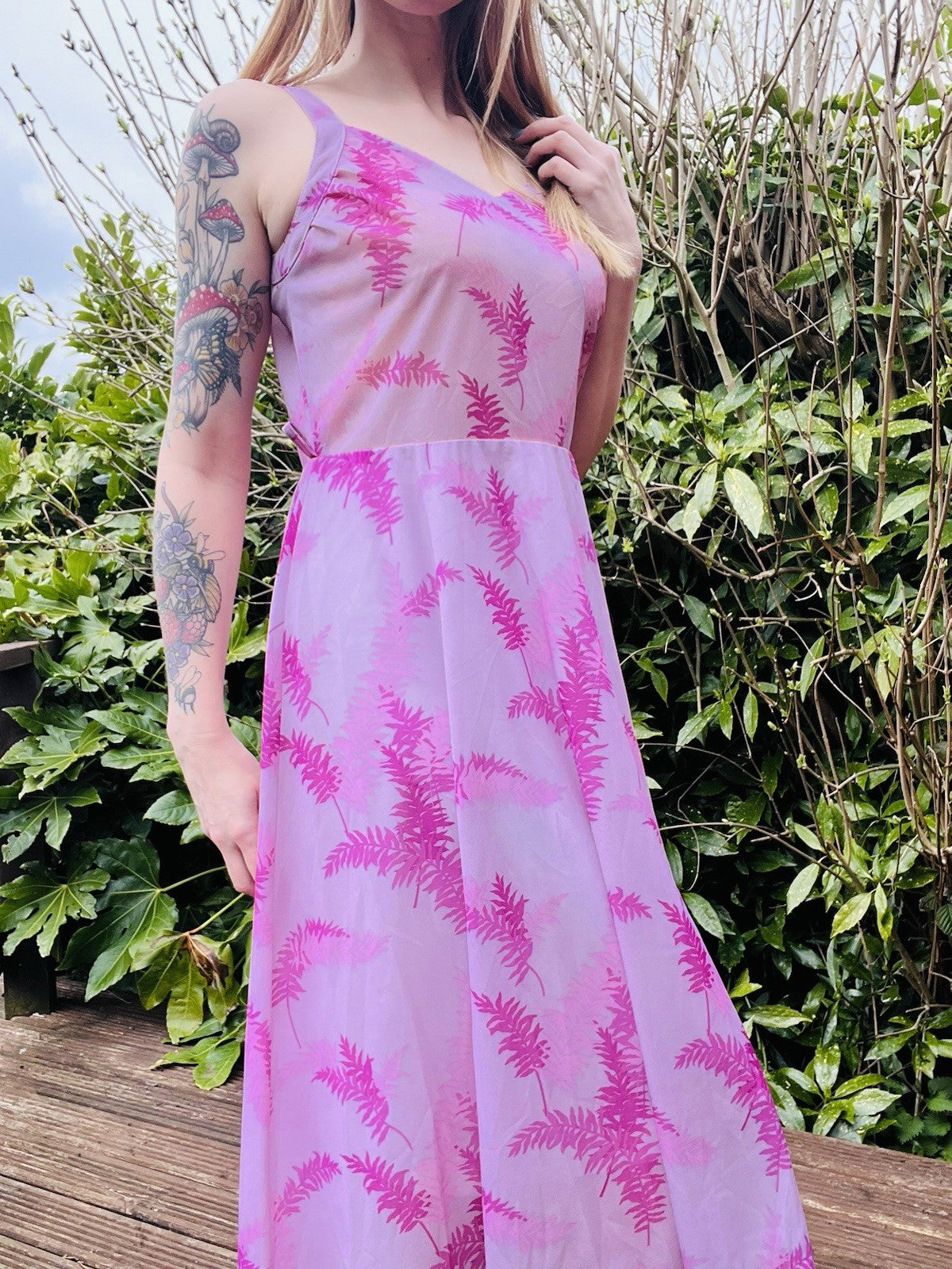 Vintage 1970s Summer Dress Sheer Bustier Sleeveless Pink Midi Dress Size 14