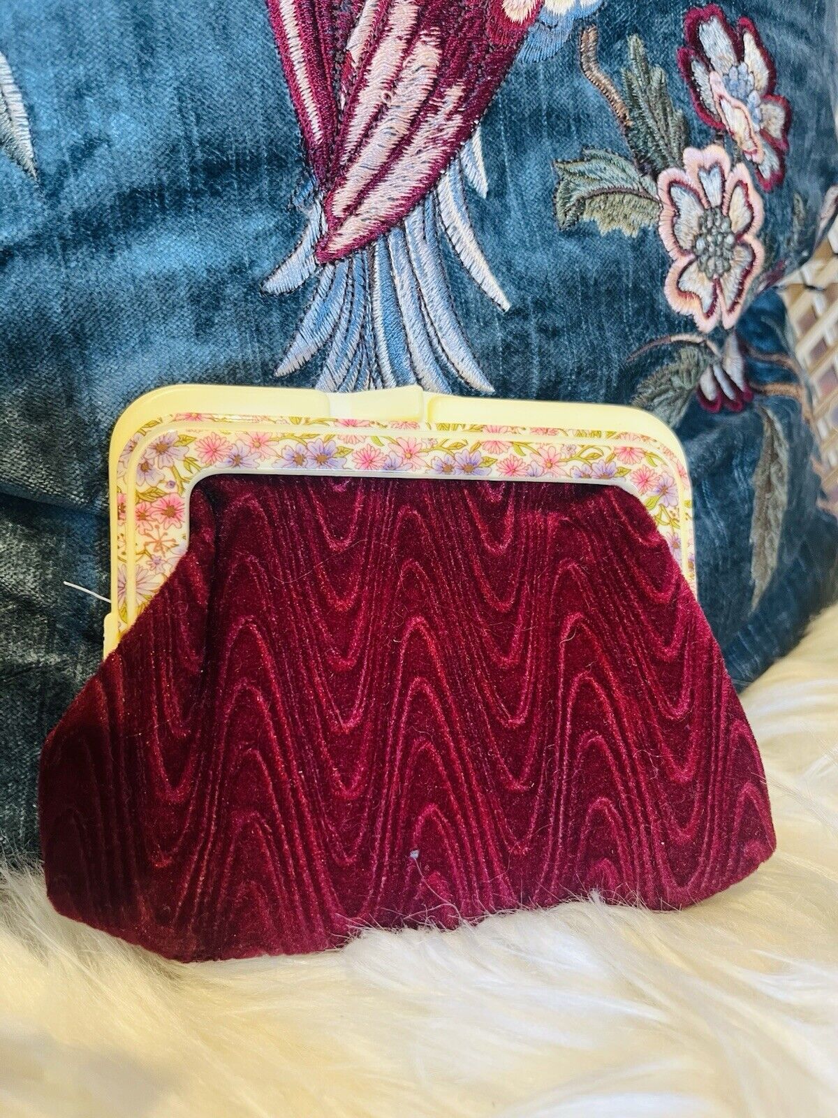 Vintage 1960s Purse And Comb Set Red Velvet With Ditsy Floral Trim Fully Lined