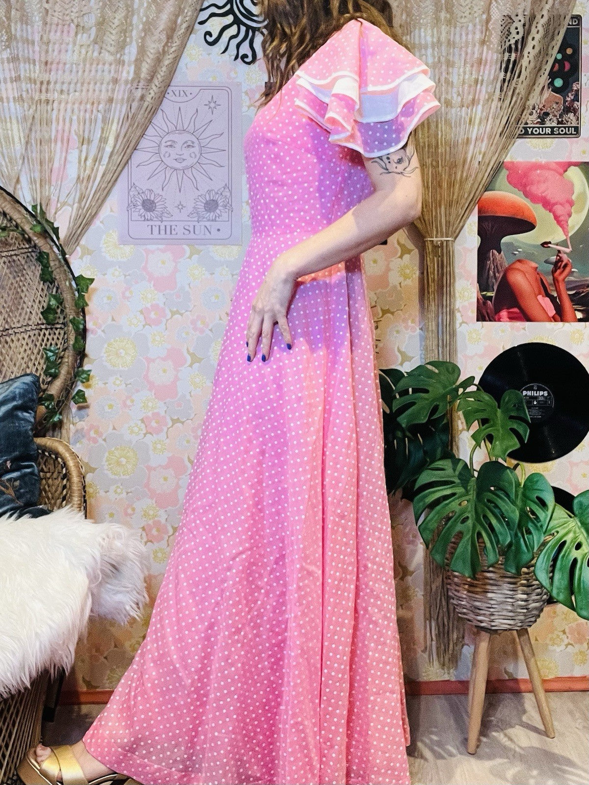 Vintage 1970s Maxi Dress Pink Polcadot Frilly Floaty Long Dress Size 14